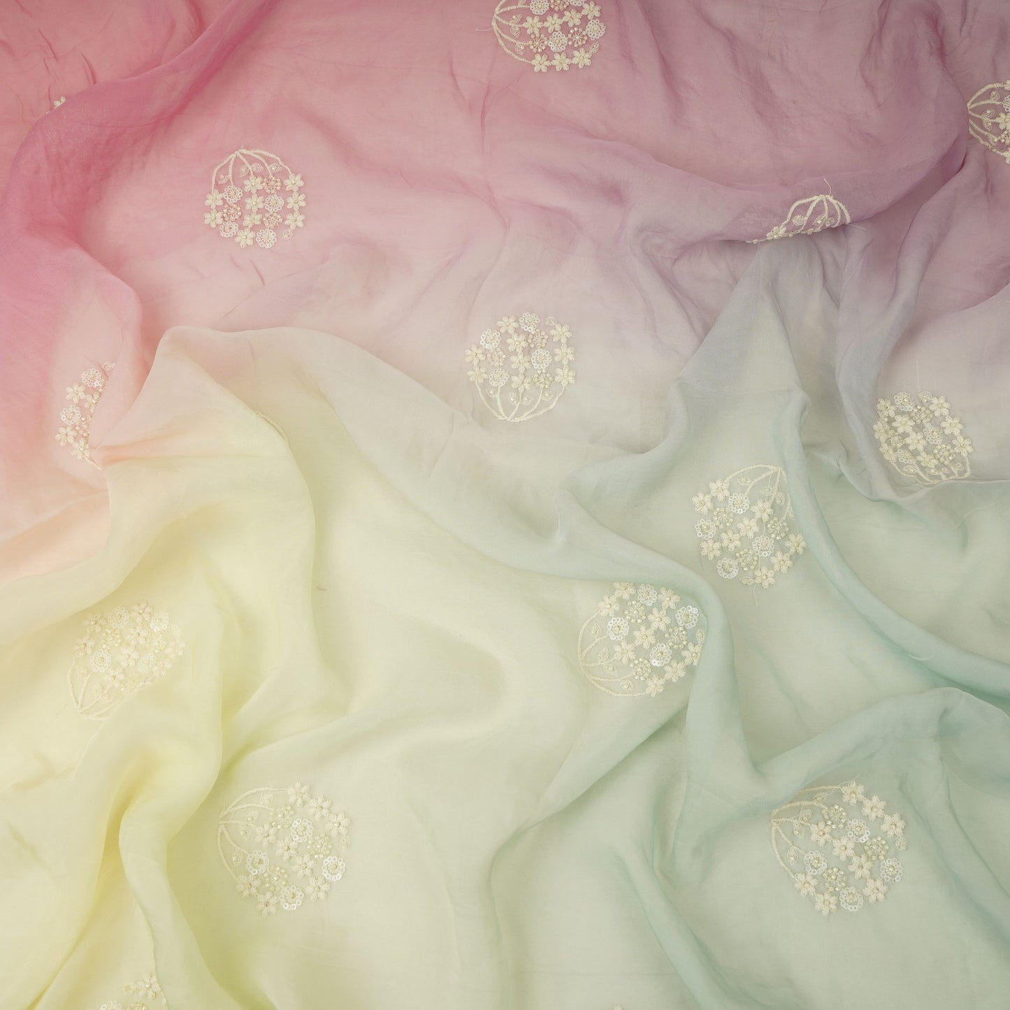 Light Sky Blue with Multicolor 4D thread embroidery Organza Fabric VFS-31672