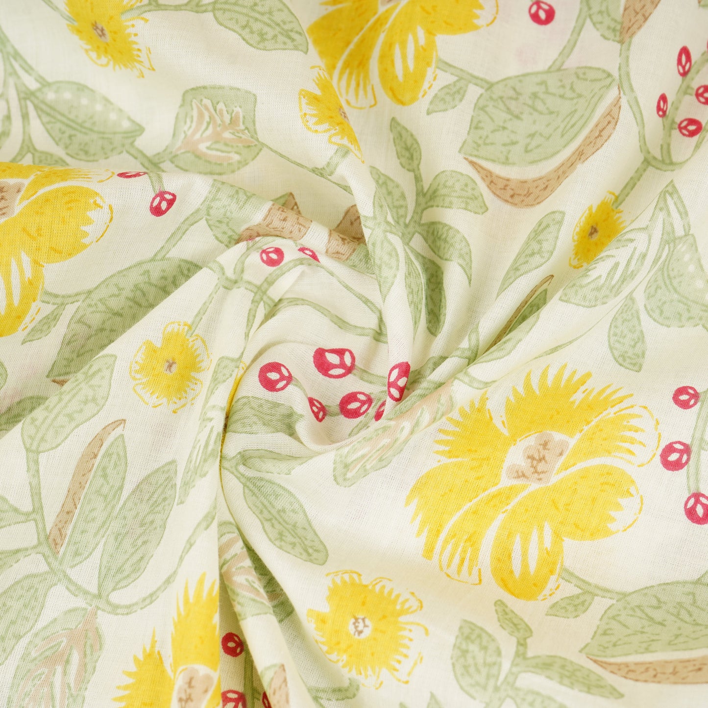 Cream with Yellow Floral Print Cotton Fabric MFR-29925