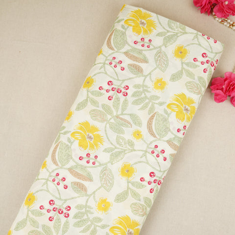 Cream with Yellow Floral Print Cotton Fabric MFR-29925
