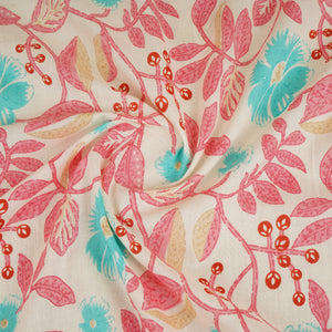 Cream with Blue Floral Print Cotton Fabric MFR-29923 - TradeUNO