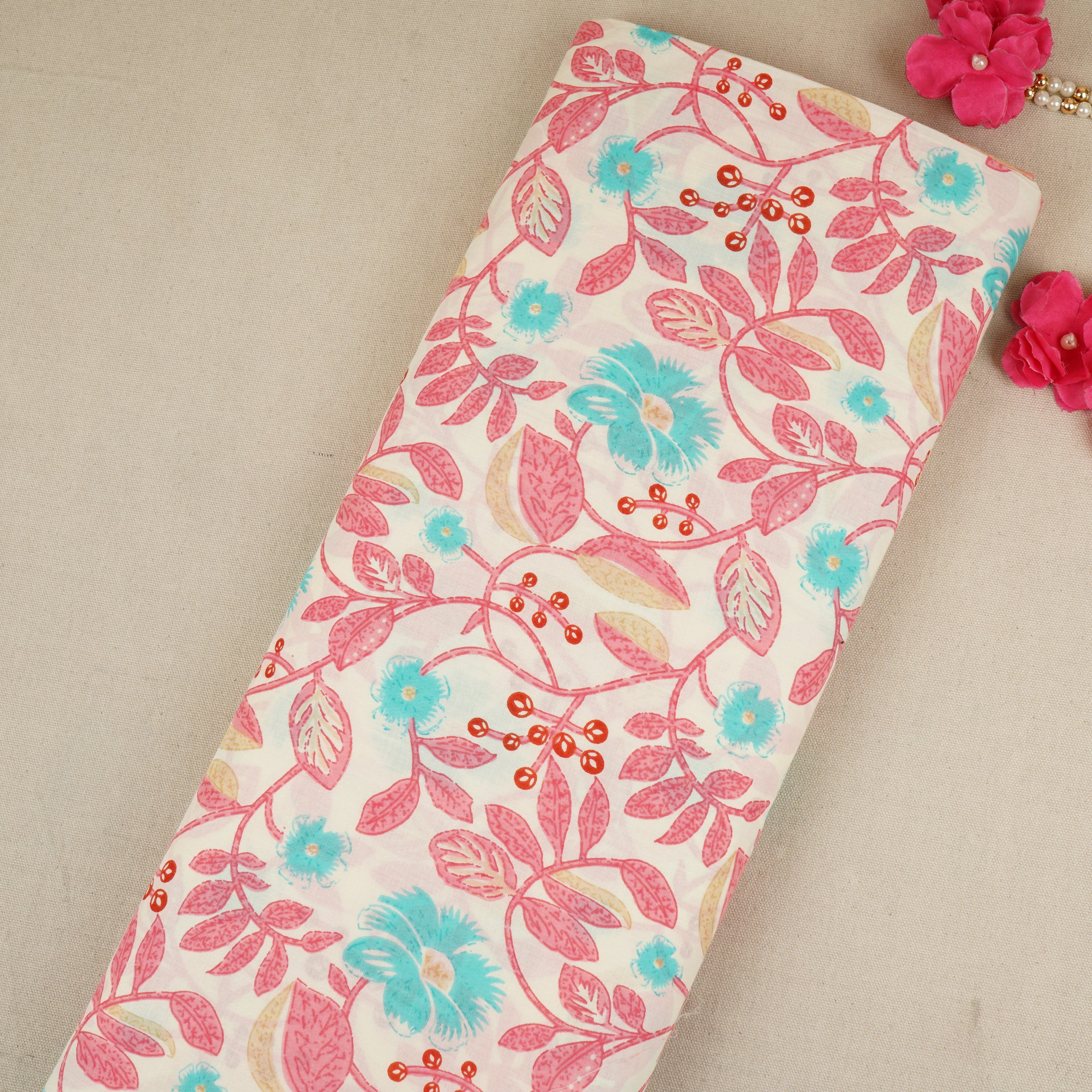 Cream with Blue Floral Print Cotton Fabric MFR-29923 - TradeUNO