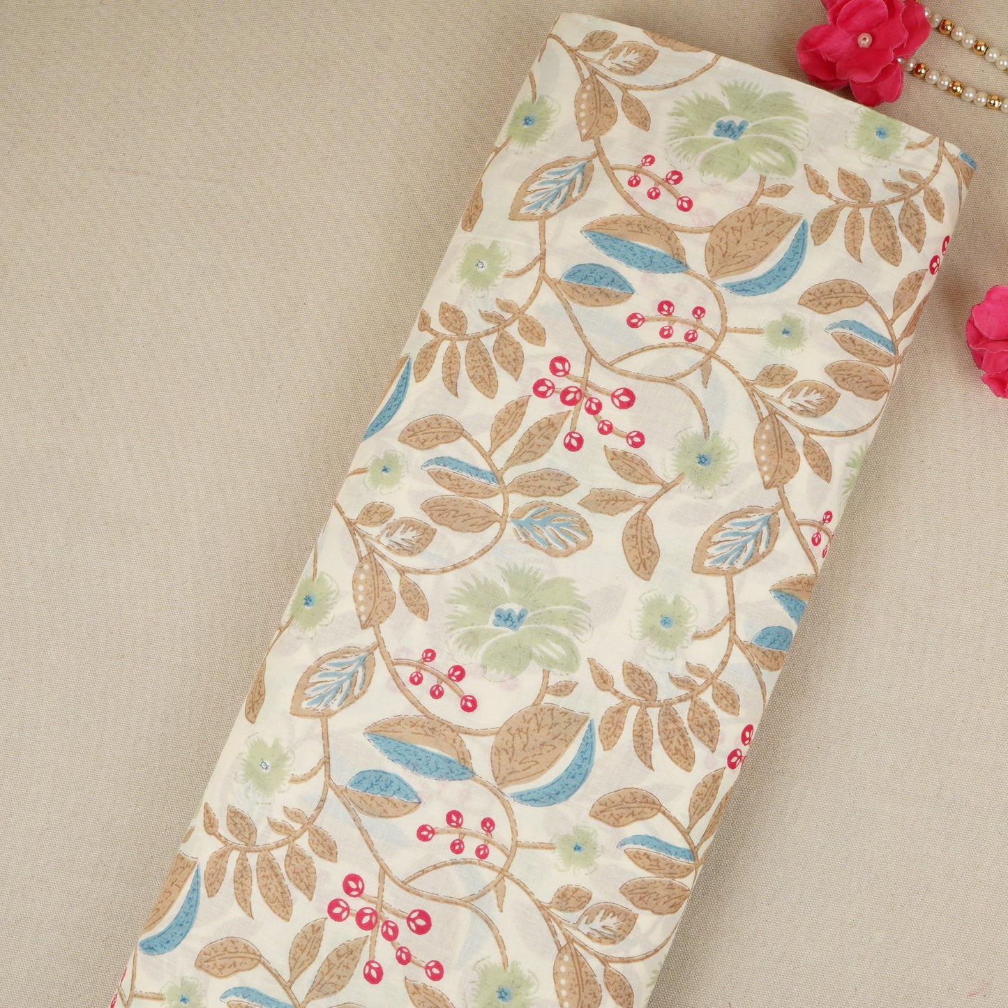 Cream with Green Floral Print Cotton Fabric MFR-29924