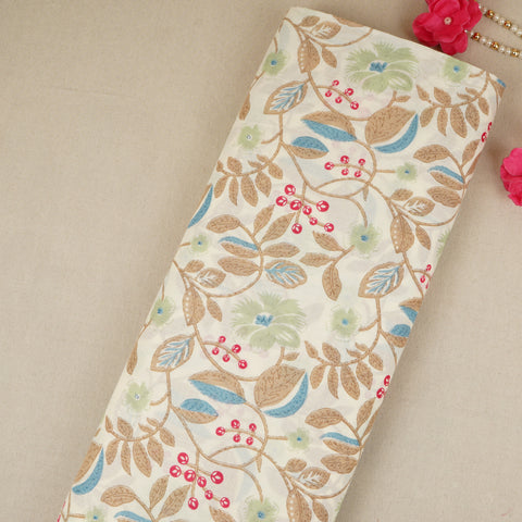 Cream with Green Floral Print Cotton Fabric MFR-29924