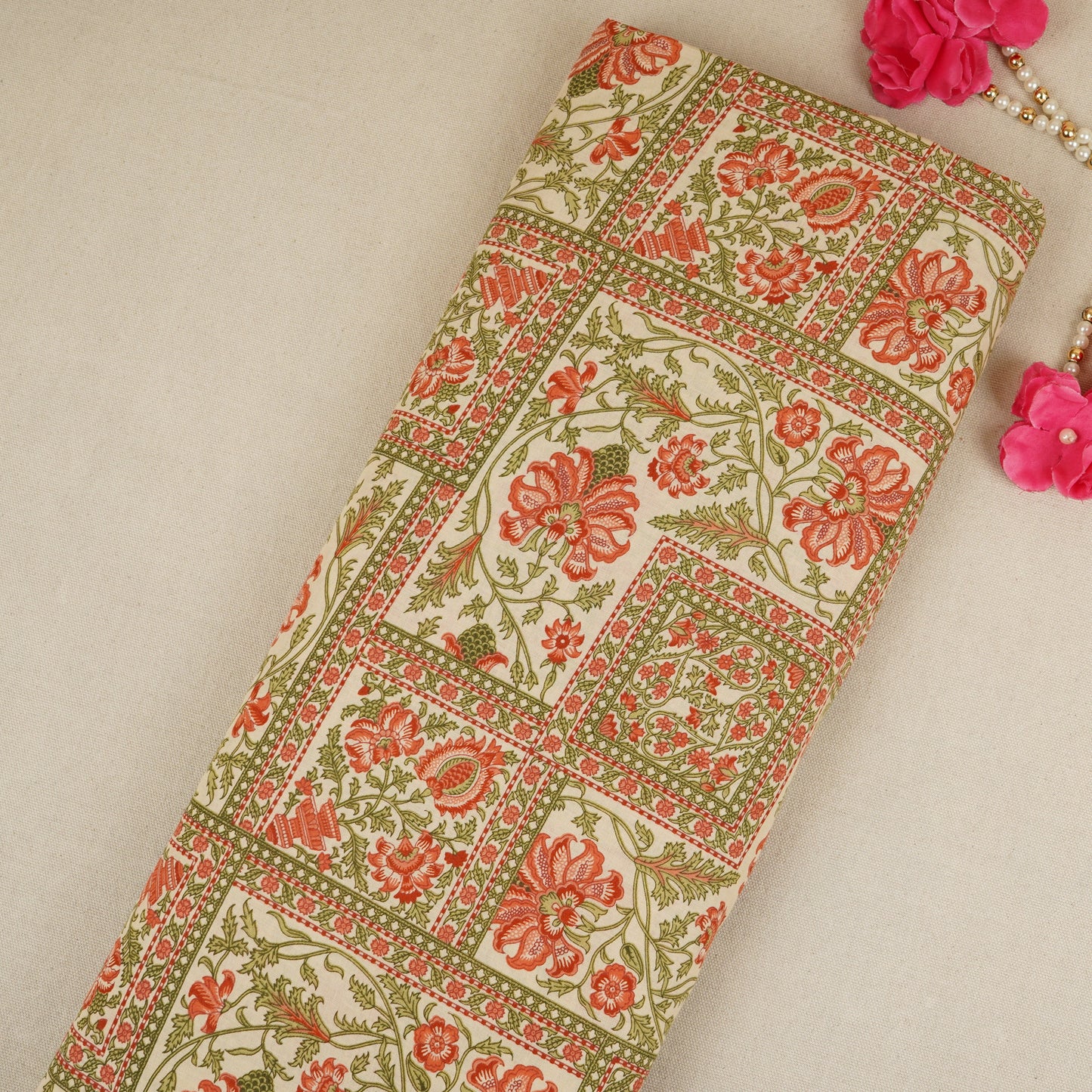 Cream Floral handblock Print Cotton Fabric MFR-29896