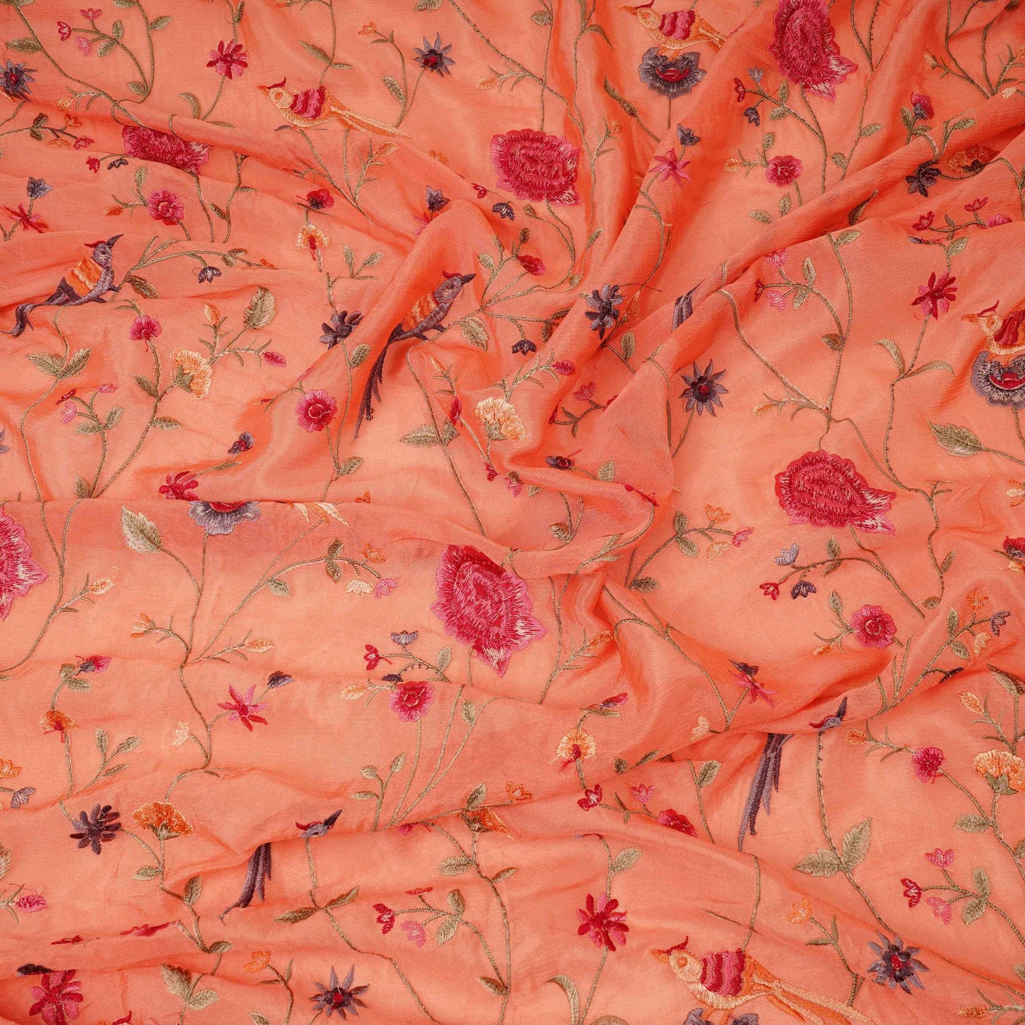 Salmon Pink floral Jaal embroidery Chinon Fabric VFS-31661