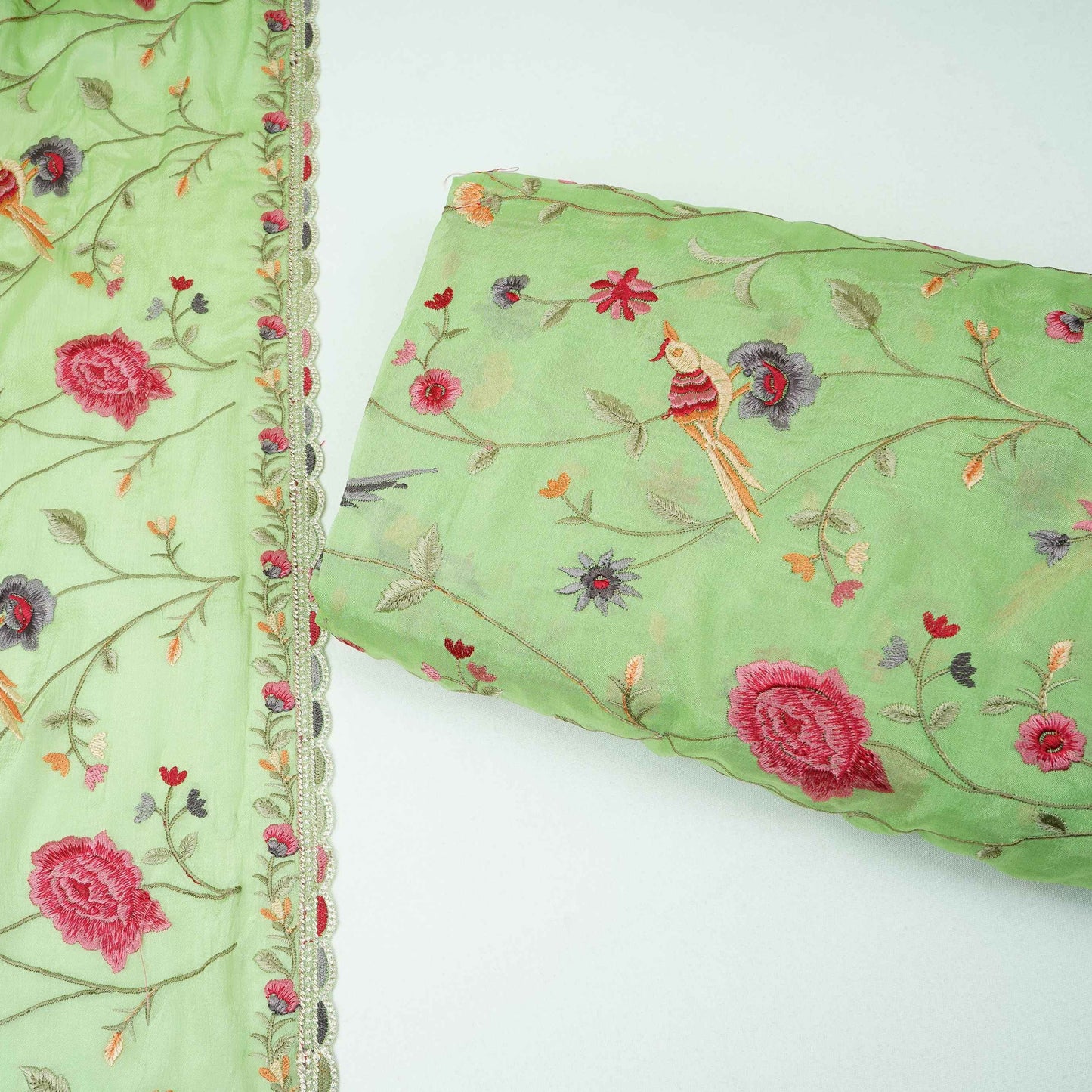 Parrot Green floral Jaal embroidery Chinon Fabric VFS-31662