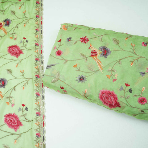 Parrot Green floral Jaal embroidery Chinon Fabric VFS-31662