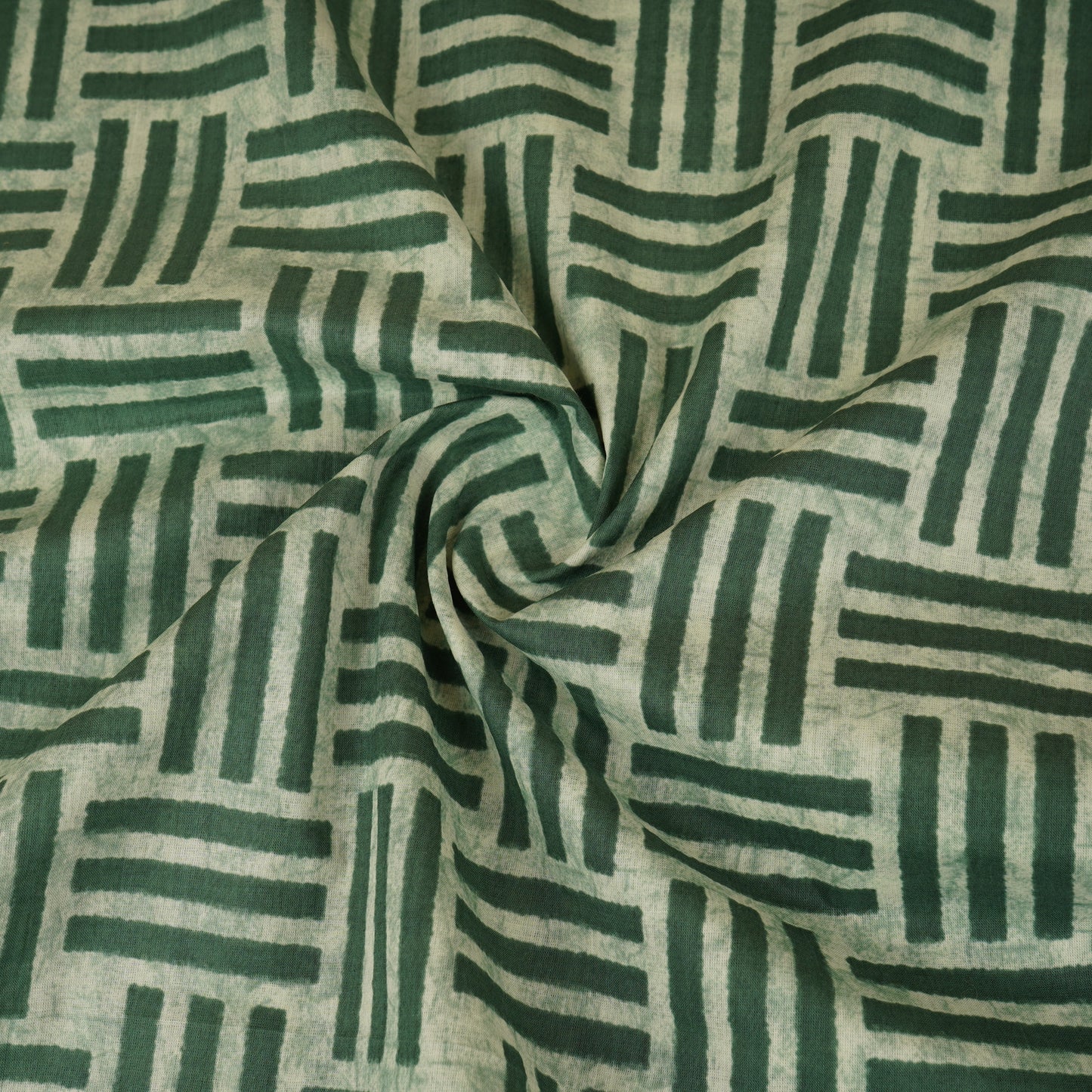 Off White & Dark Green Geomatrical Print Cotton Fabric MFR-29888