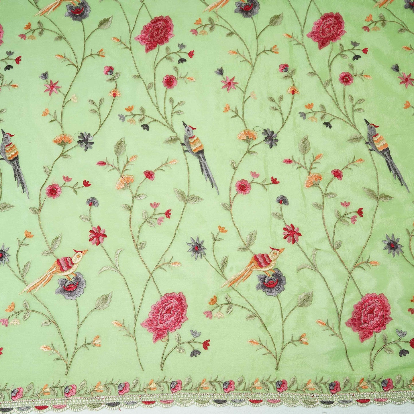 Parrot Green floral Jaal embroidery Chinon Fabric VFS-31662