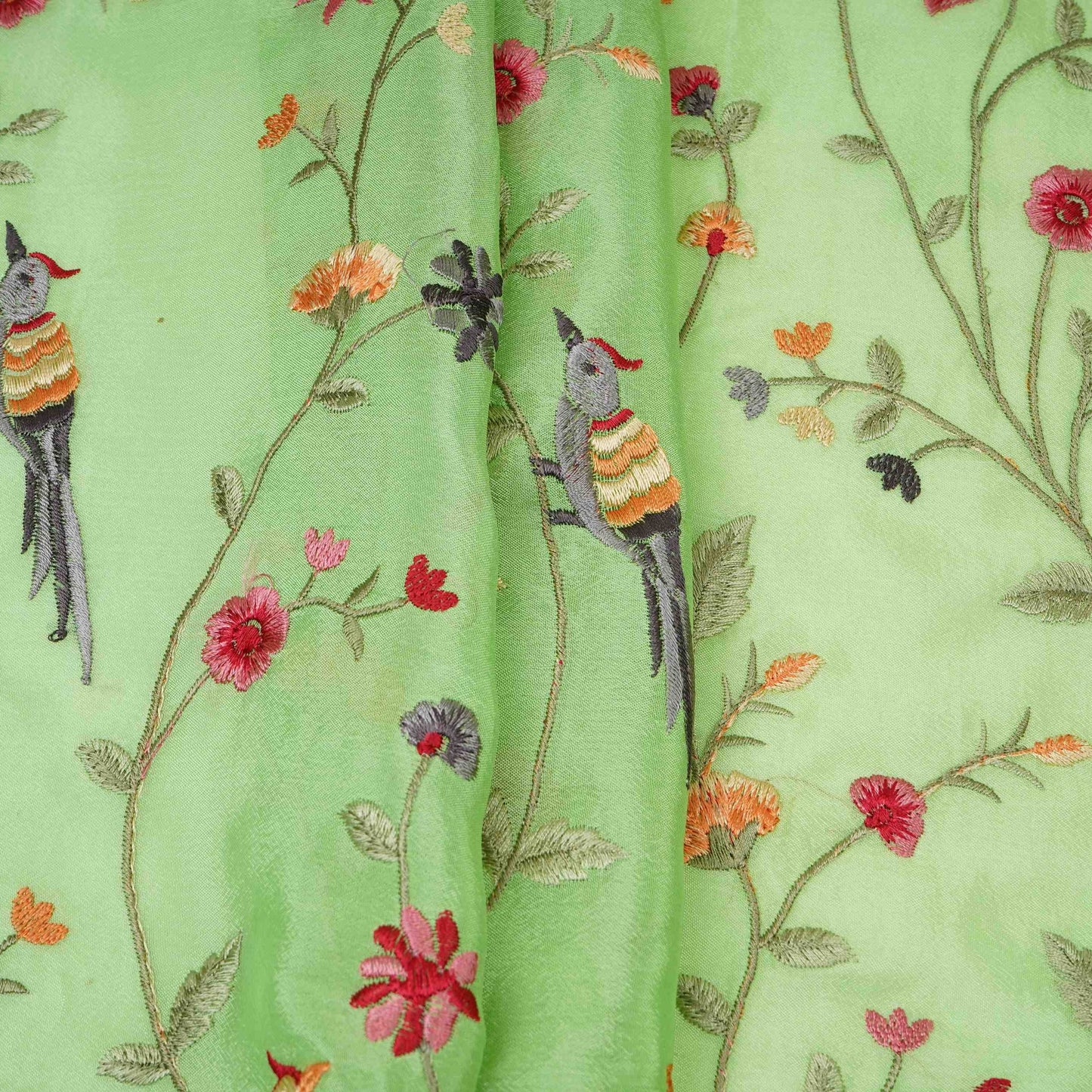 Parrot Green floral Jaal embroidery Chinon Fabric VFS-31662