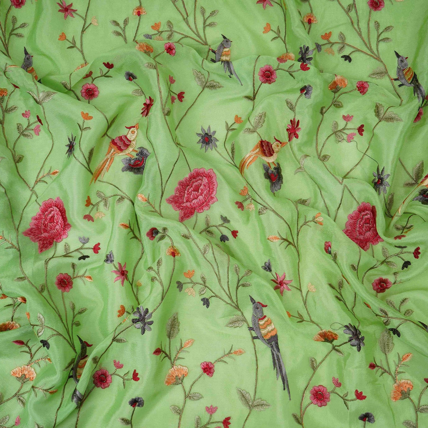 Parrot Green floral Jaal embroidery Chinon Fabric VFS-31662