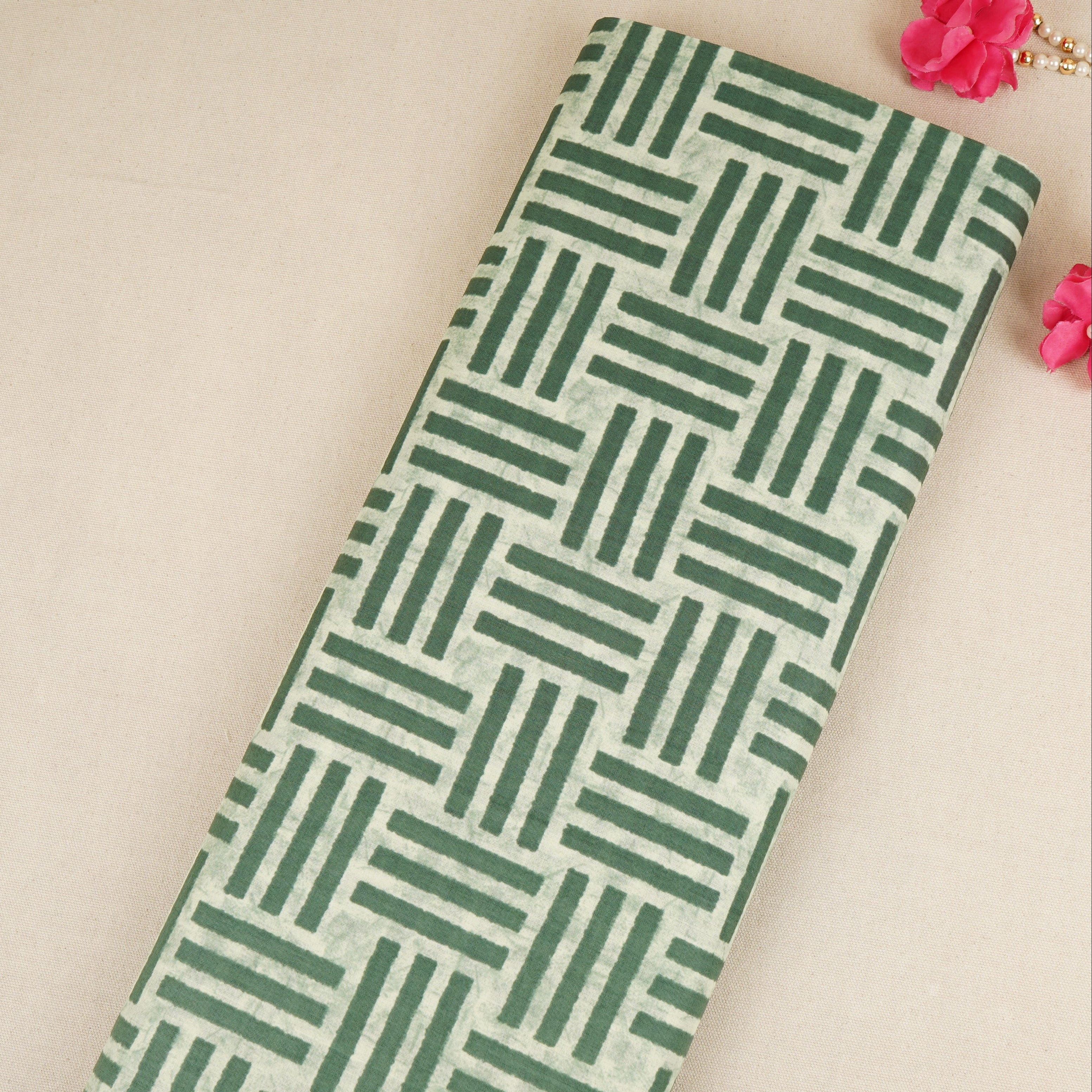 Off White & Dark Green Geomatrical Print Cotton Fabric MFR-29888 - TradeUNO
