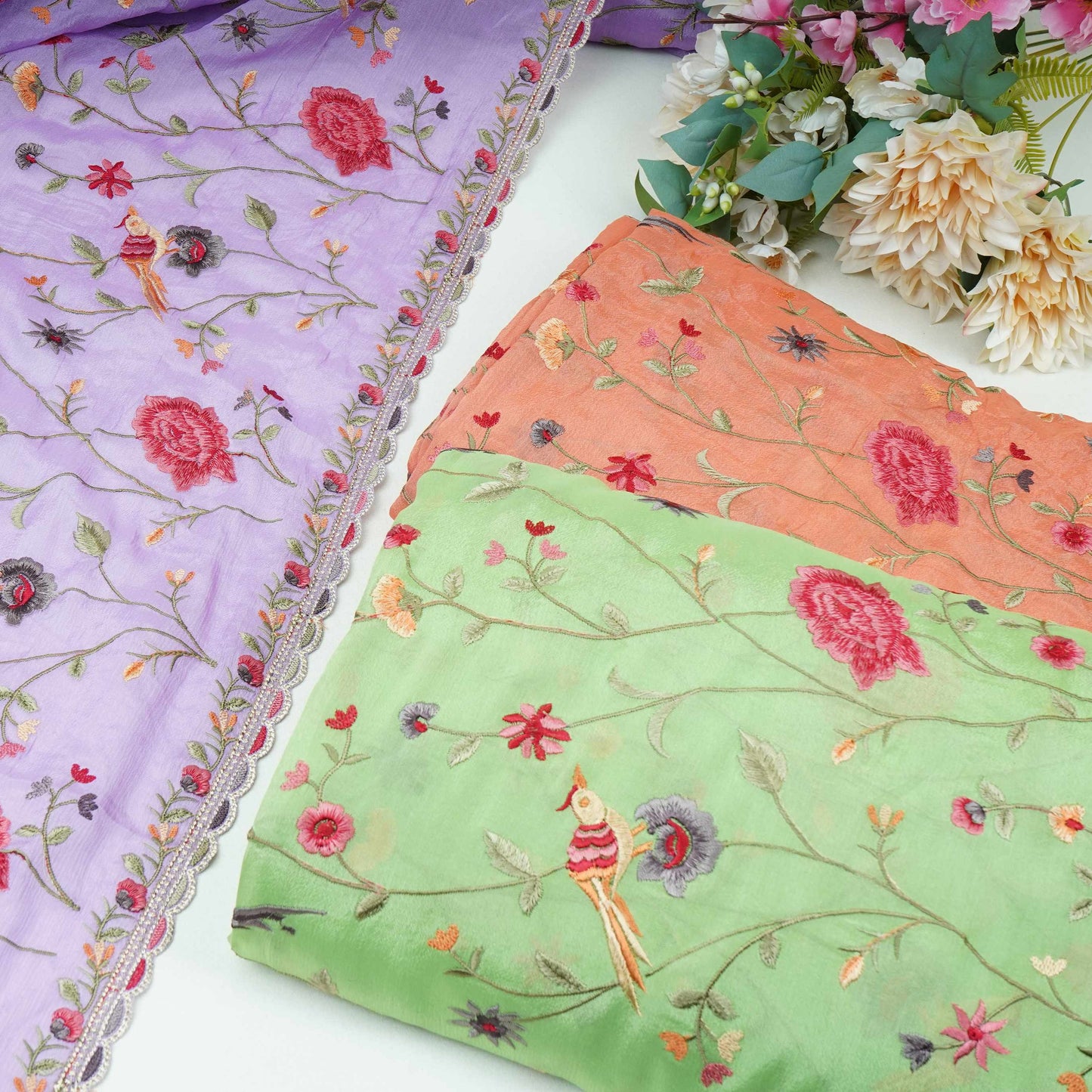 Parrot Green floral Jaal embroidery Chinon Fabric VFS-31662