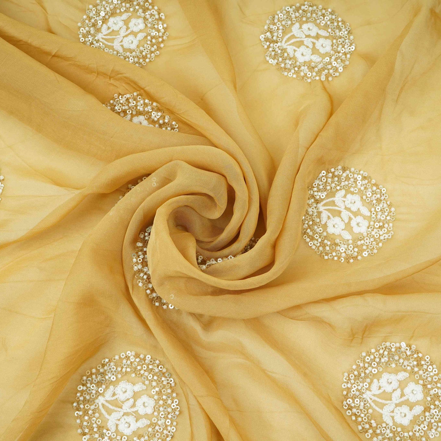 Mustard floral cutdana embroidery Organza Fabric VFS-31535