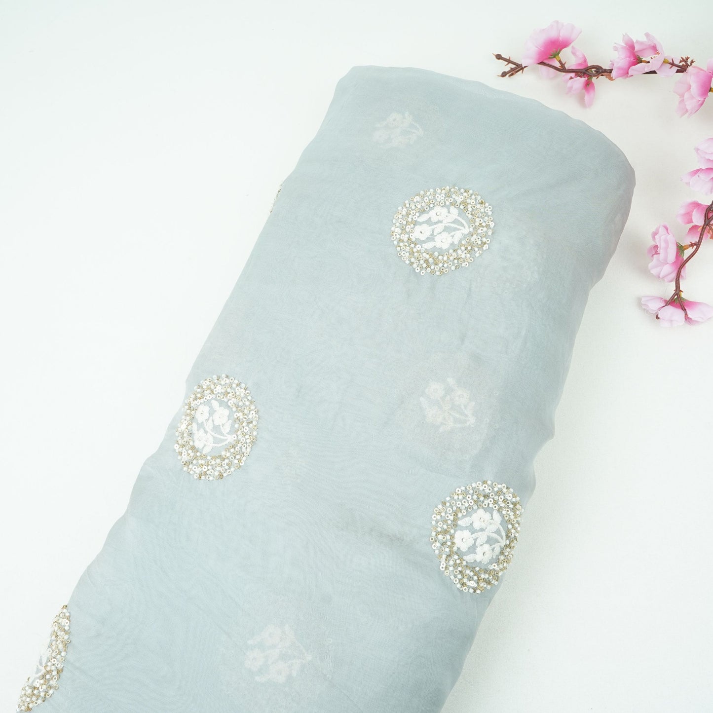 Steel Grey floral cutdana embroidery Organza Fabric VFS-31536