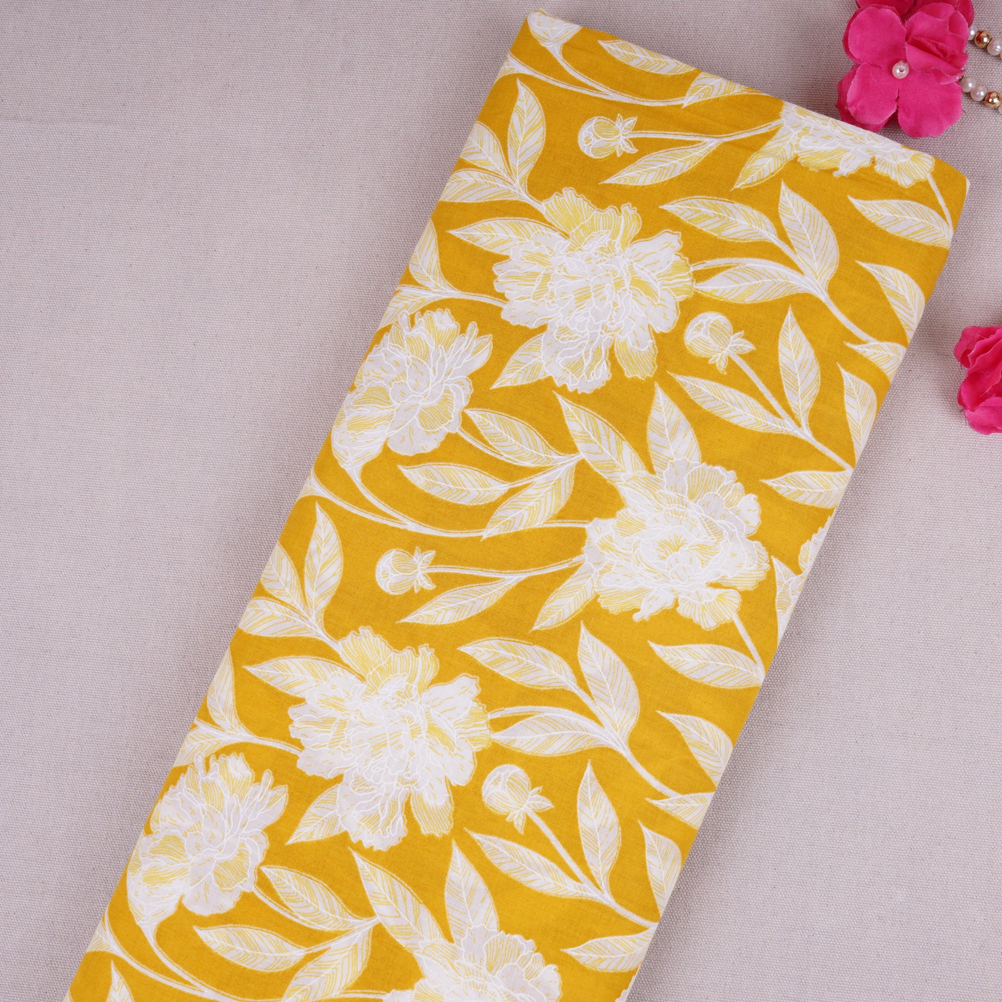 Yellow with White Floral Print Cotton Fabric MFR-29872 - TradeUNO