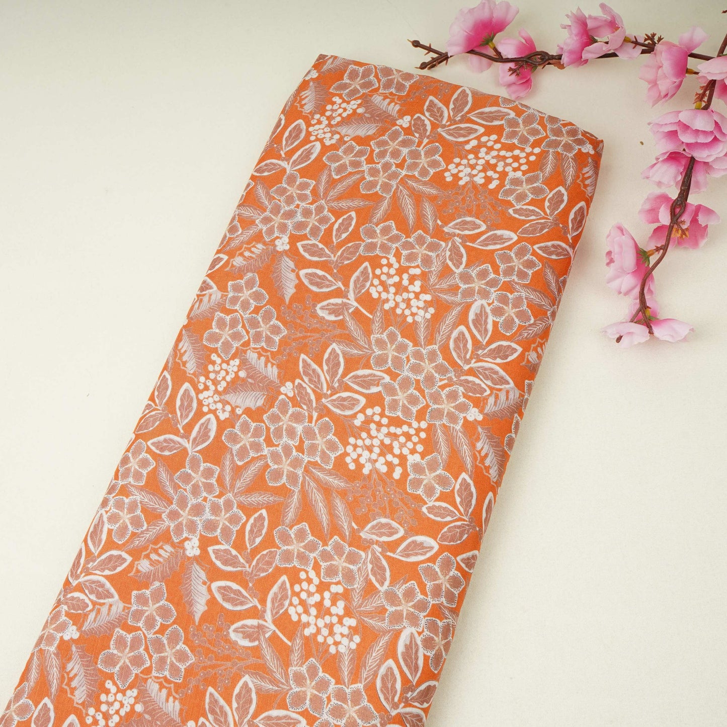 Orange floral print Cupro Linen Fabric PI-31911