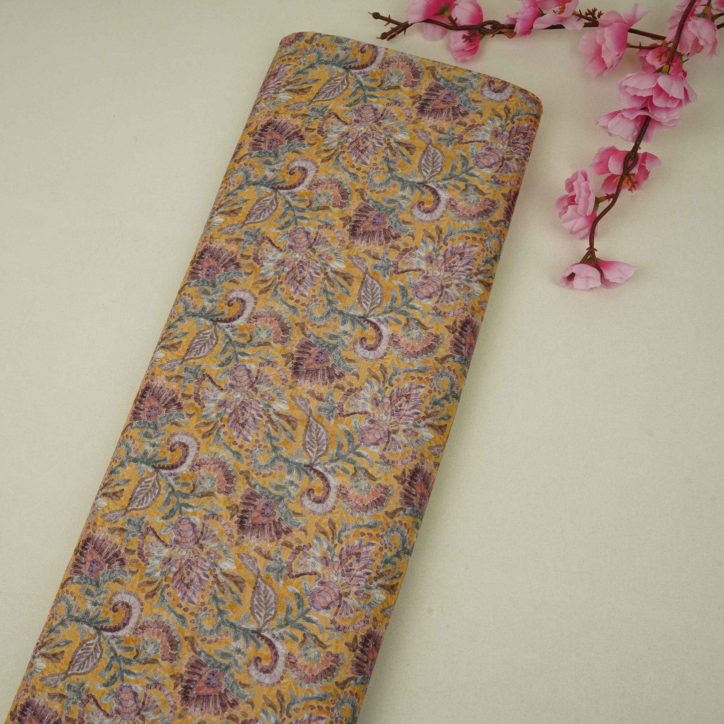 Mustard floral print Cupro Linen Fabric PI-31906