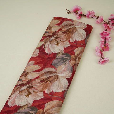 Red floral print Cupro Linen Fabric PI-31908
