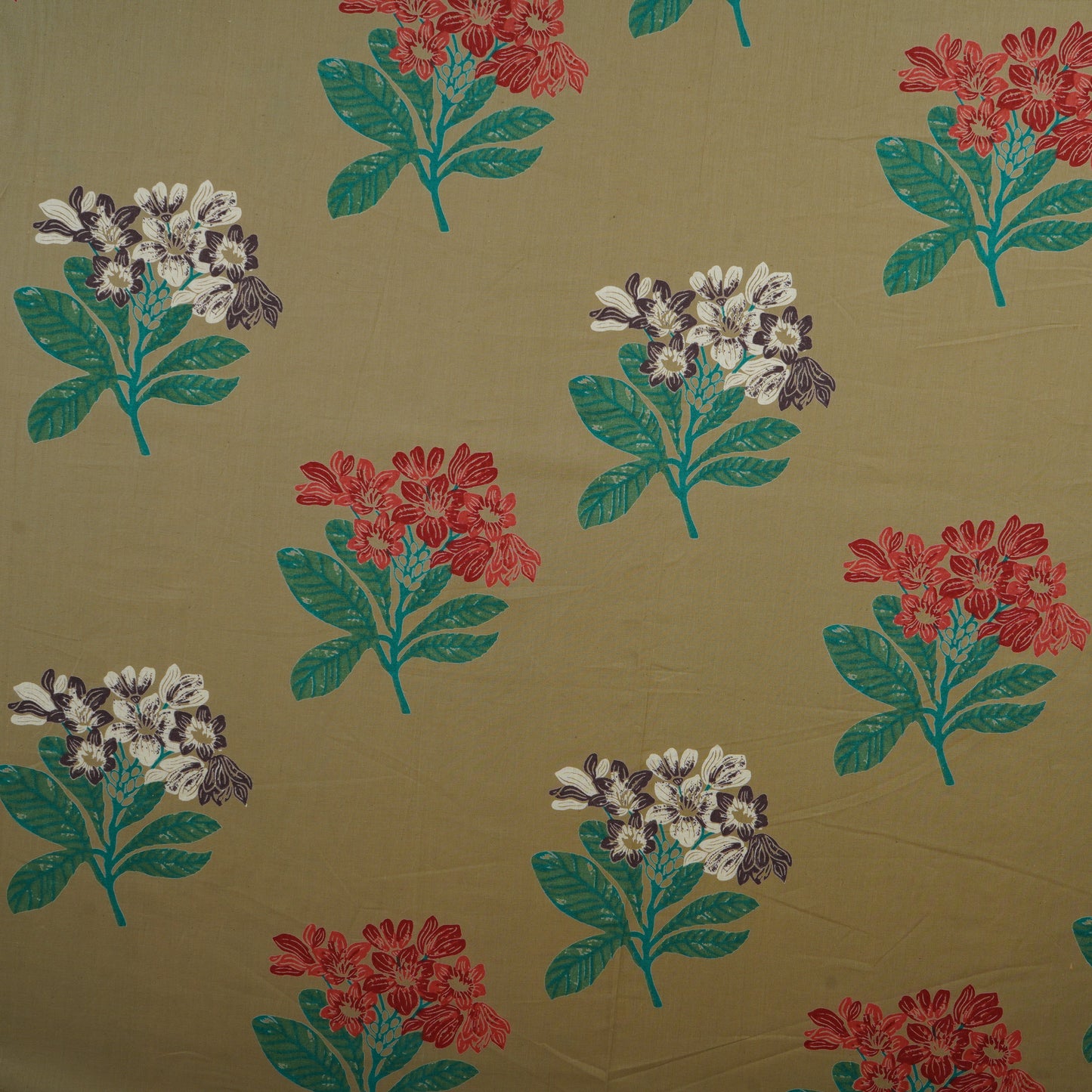 Beige & Green Floral Print Cotton Fabric MFR-29886