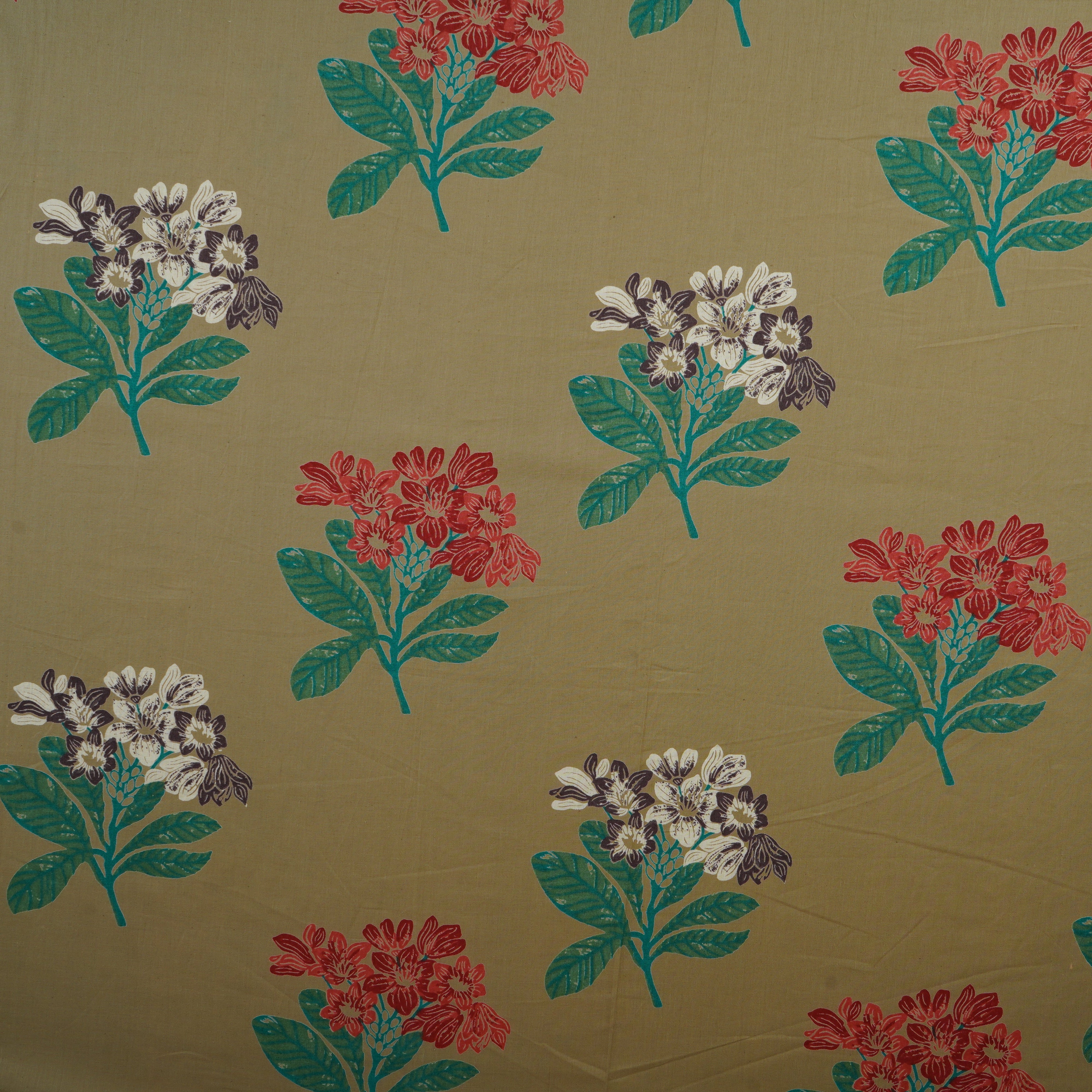Beige & Green Floral Print Cotton Fabric MFR-29886 - TradeUNO