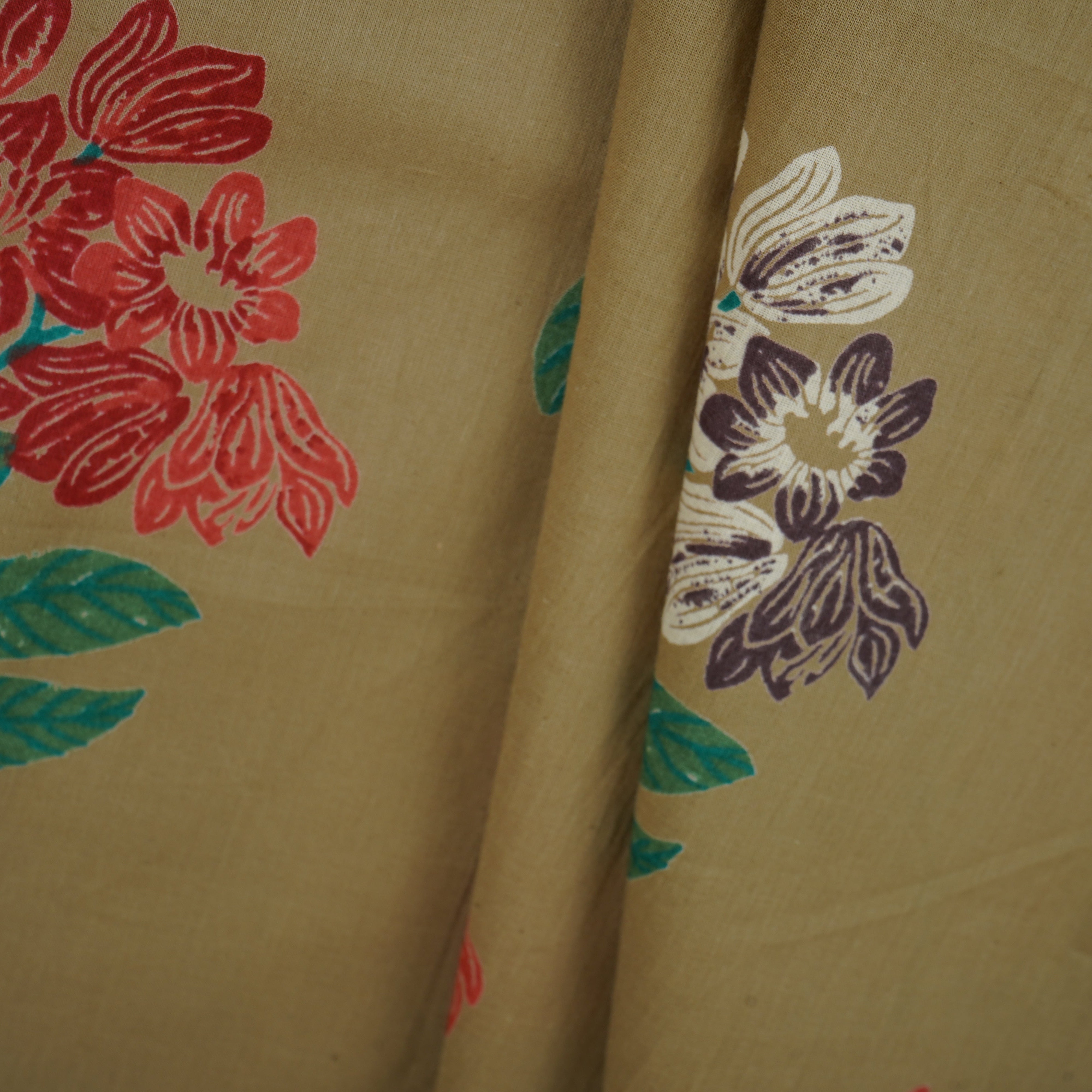 Beige & Green Floral Print Cotton Fabric MFR-29886 - TradeUNO