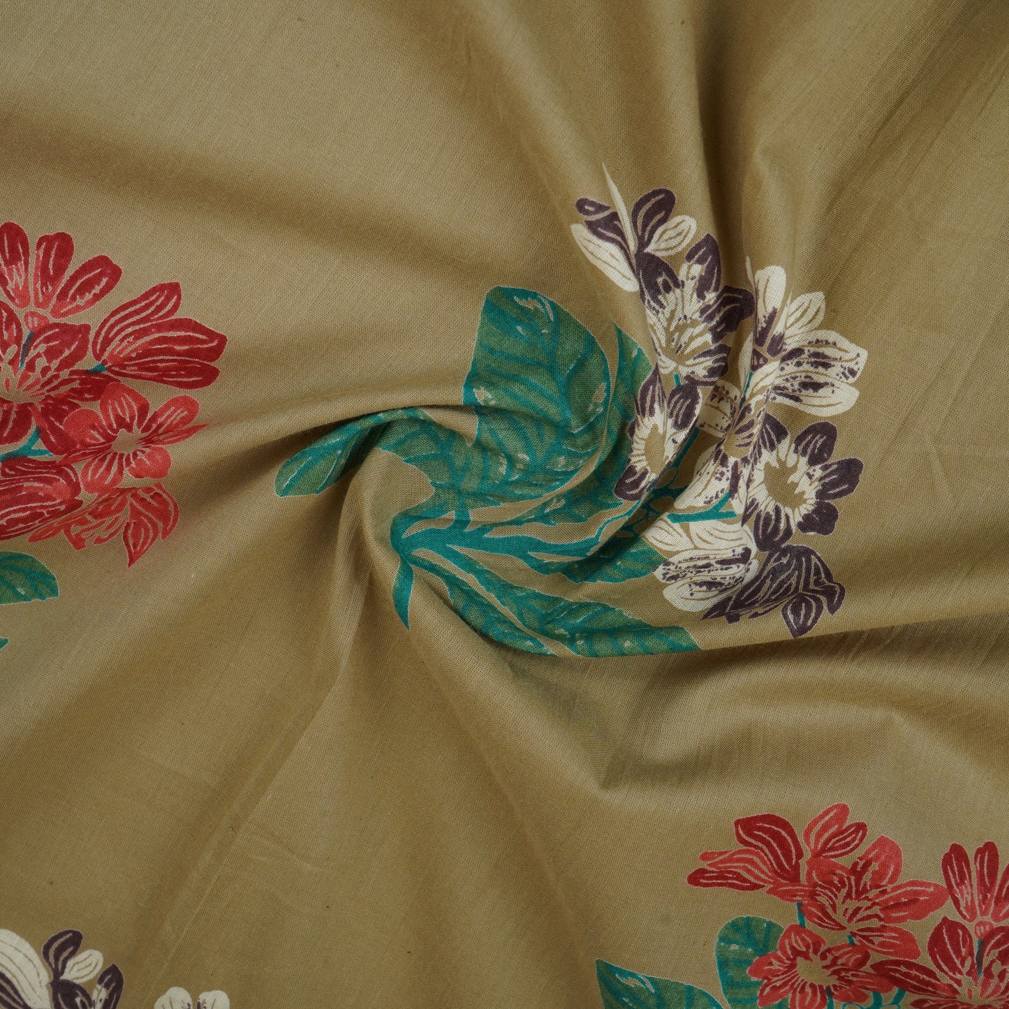 Beige & Green Floral Print Cotton Fabric MFR-29886