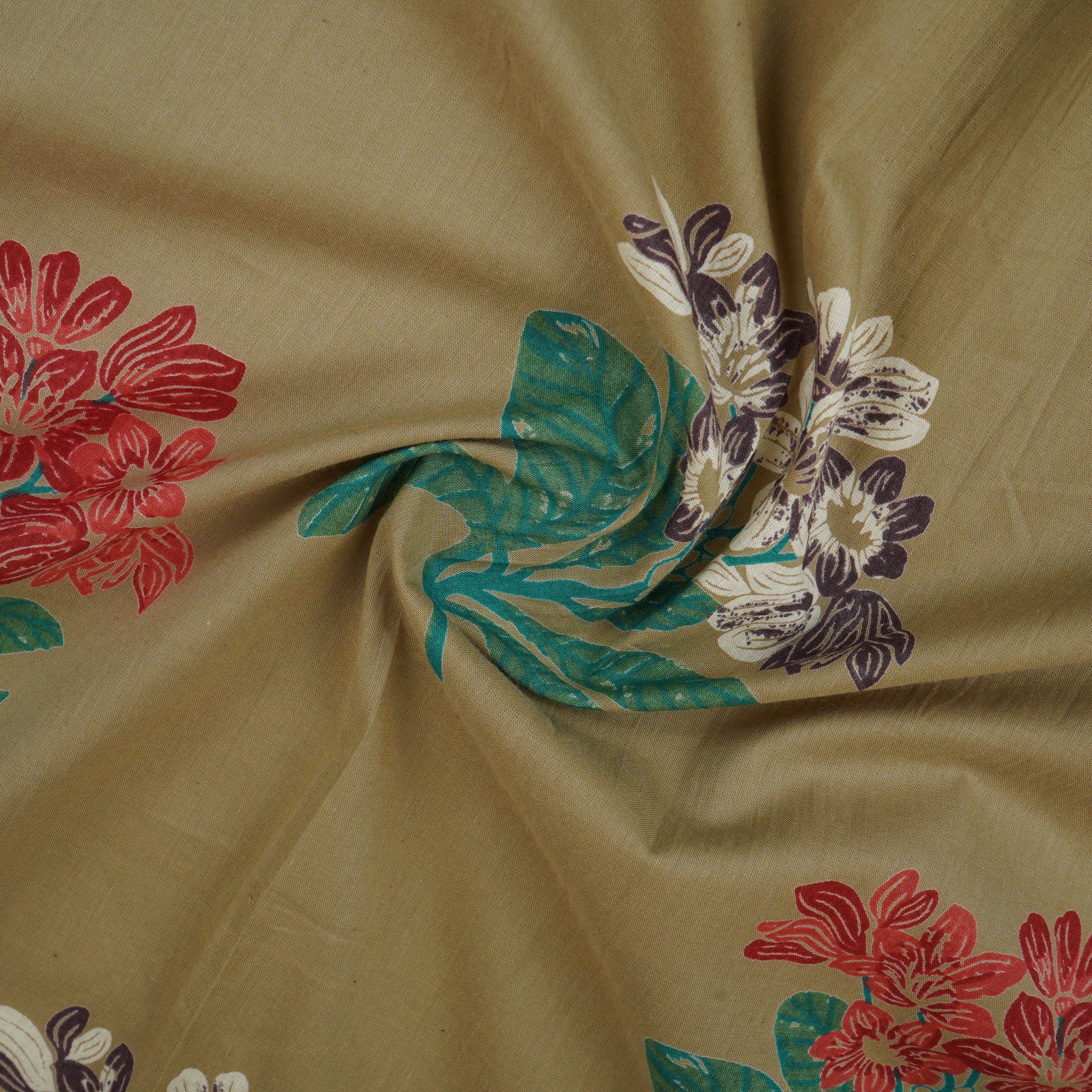 Beige & Green Floral Print Cotton Fabric MFR-29886 - TradeUNO