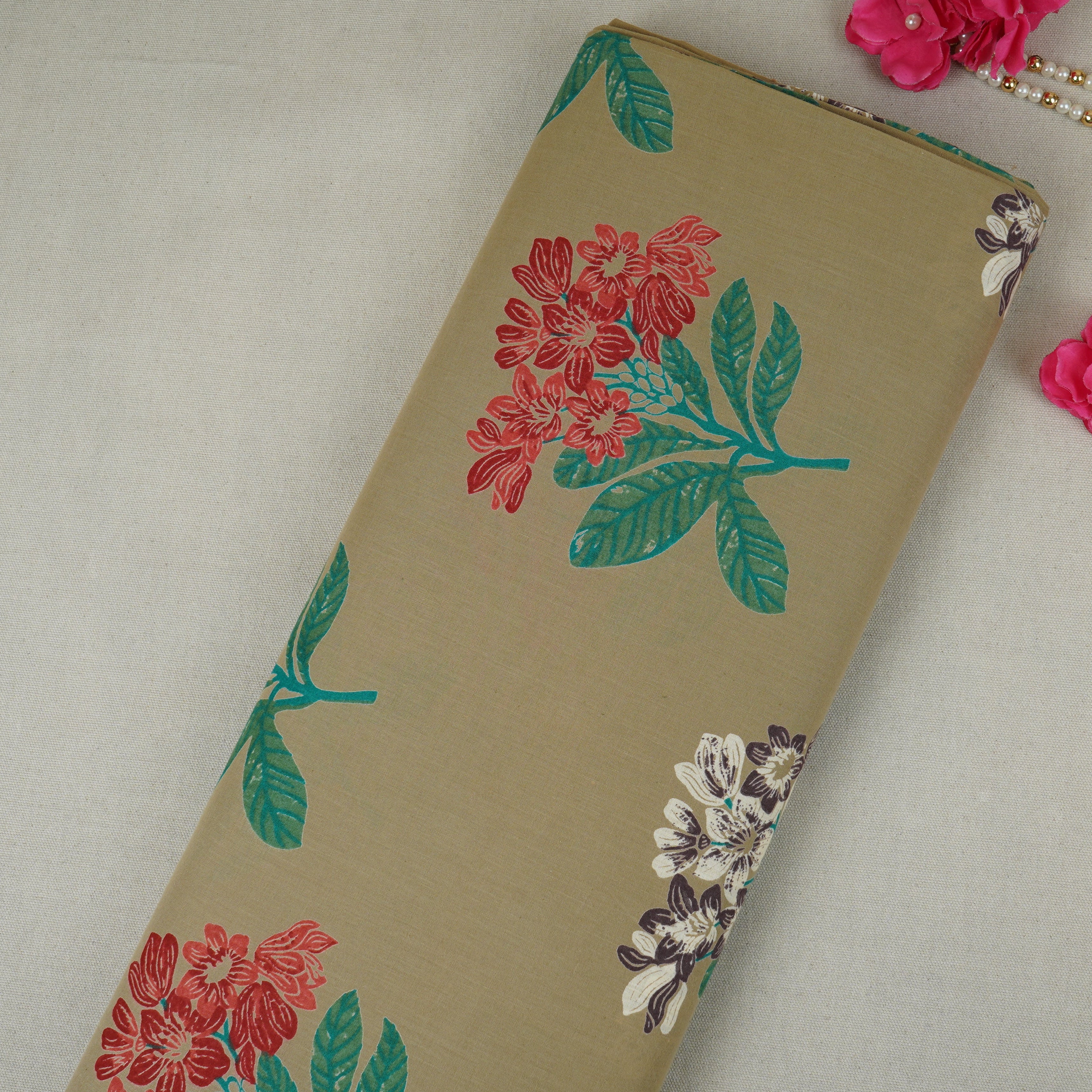 Beige & Green Floral Print Cotton Fabric MFR-29886 - TradeUNO
