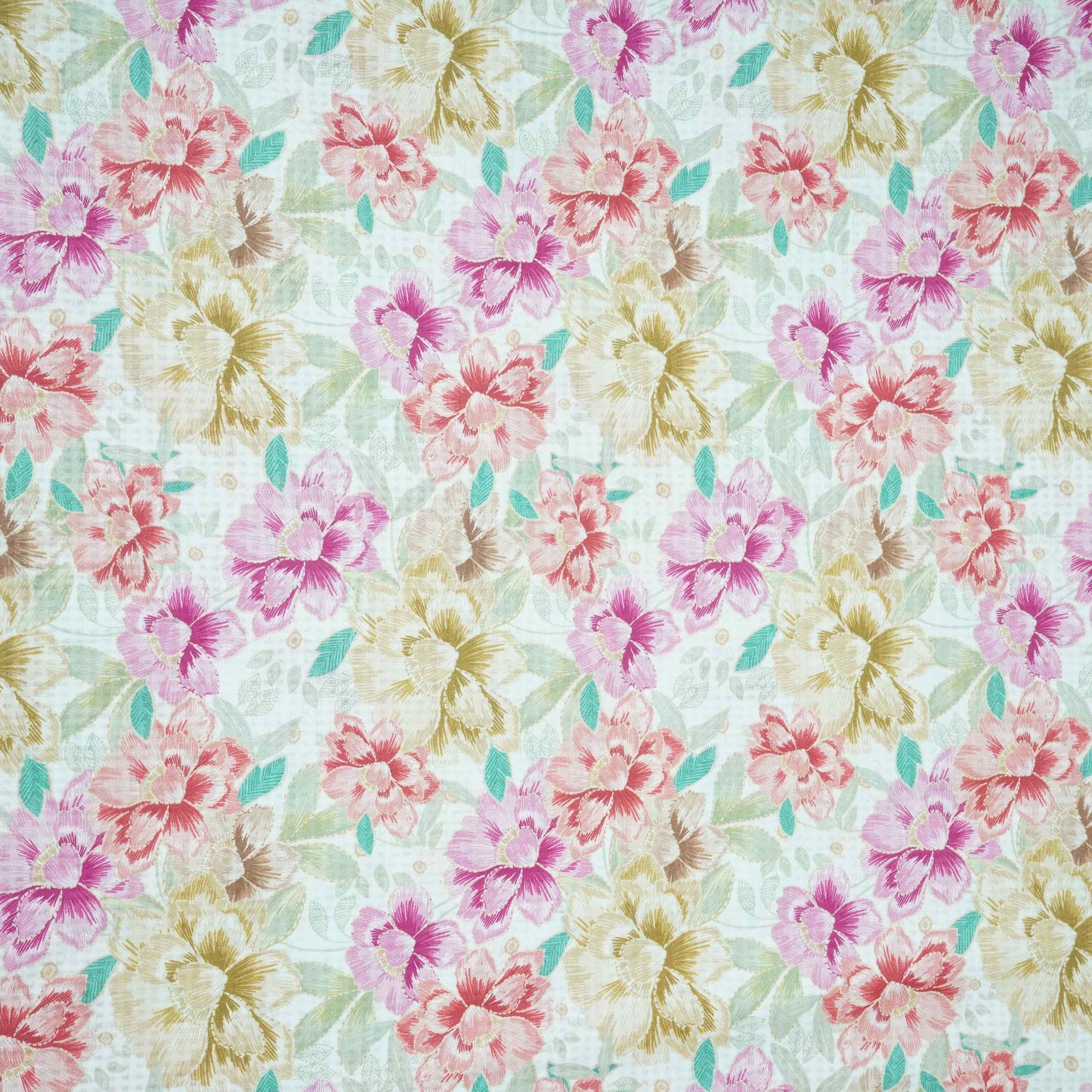 White with Multicolor floral print Cotton Check Fabric PI-31909