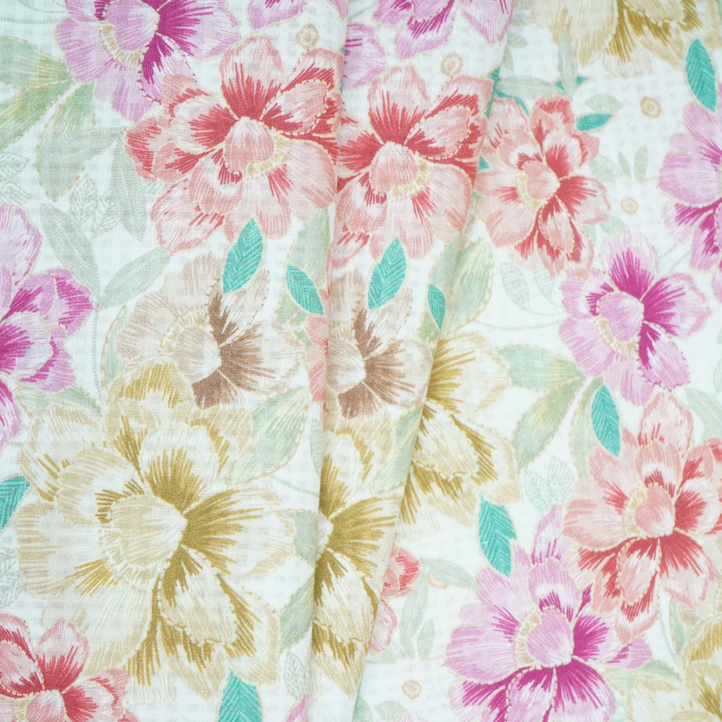 White with Multicolor floral print Cotton Check Fabric PI-31909