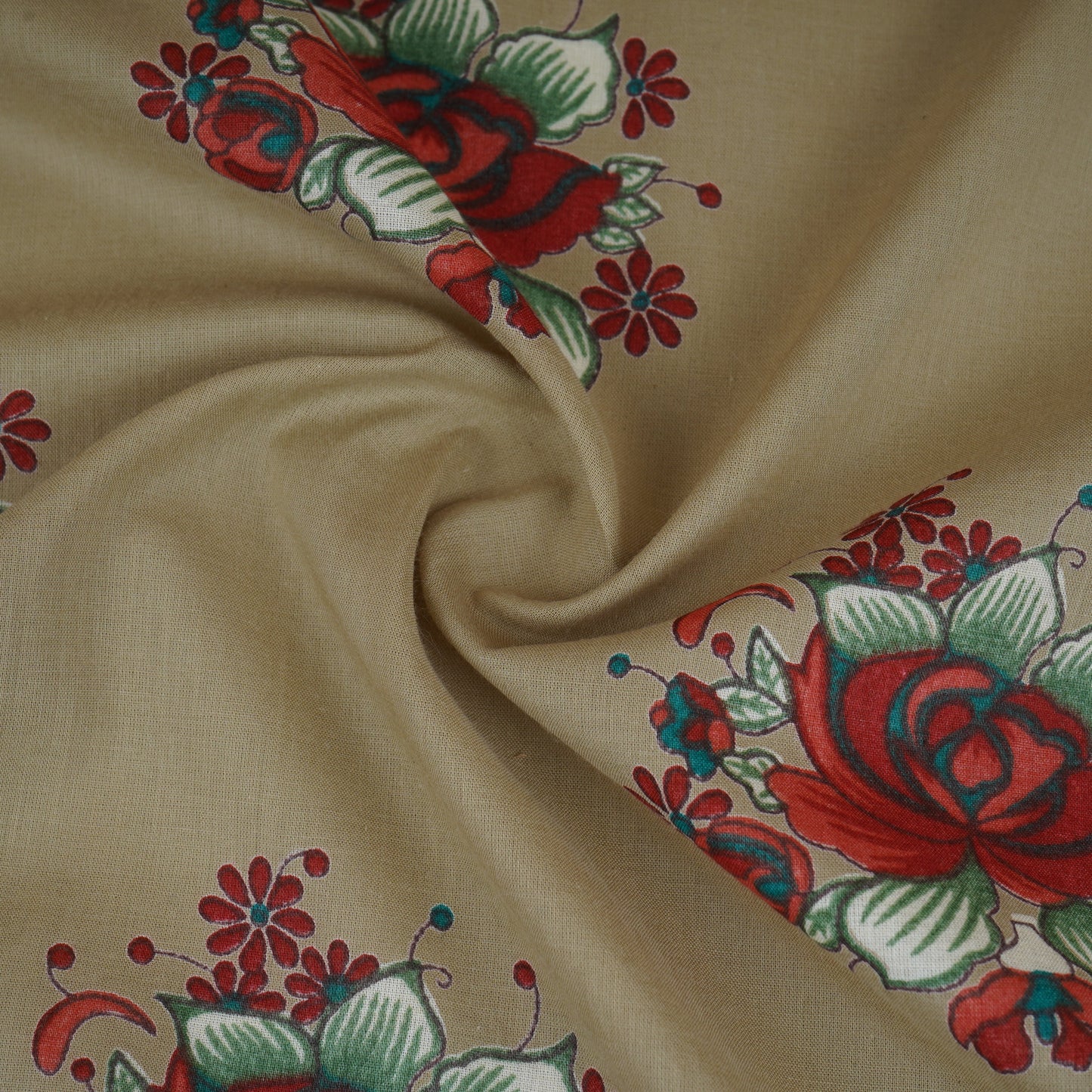 Beige & Red Floral Print Cotton Fabric MFR-29884