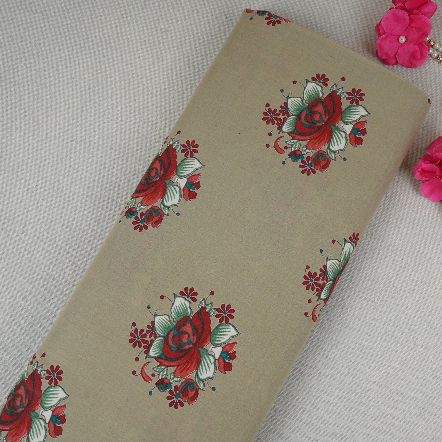 Beige & Red Floral Print Cotton Fabric MFR-29884