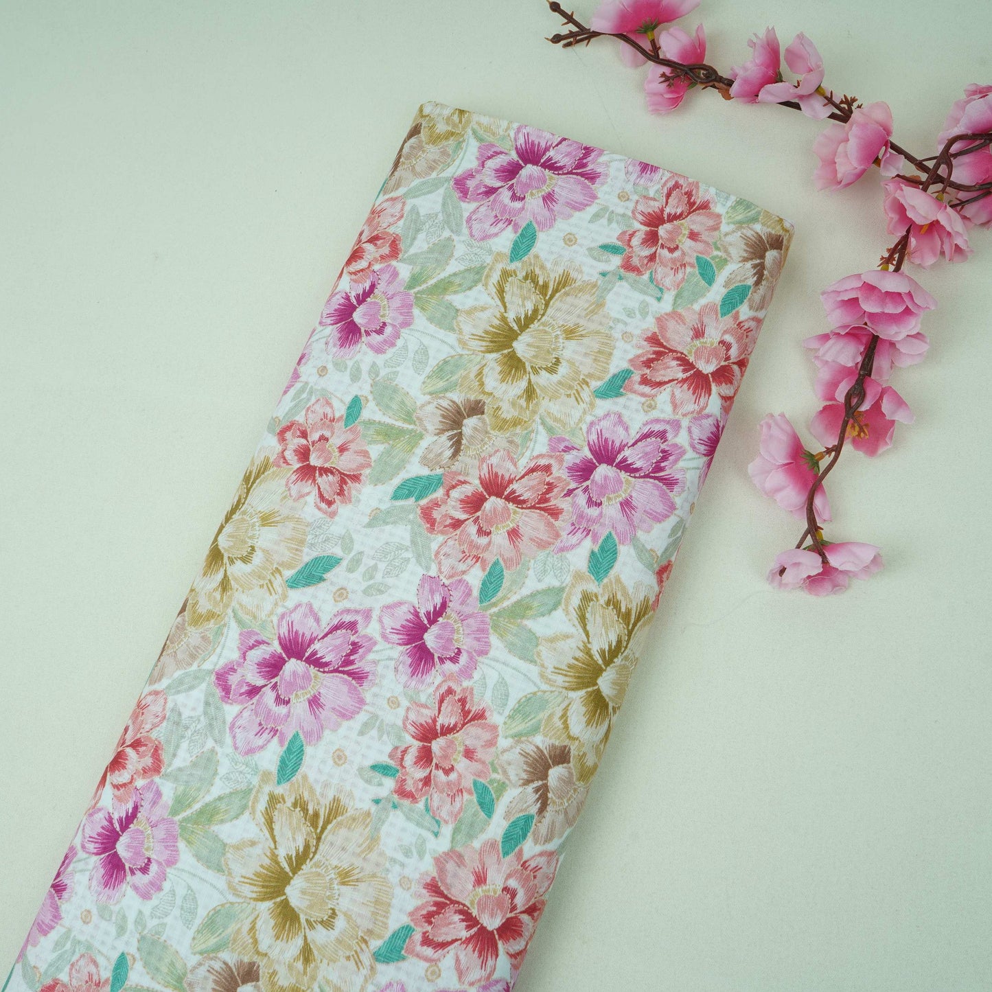 White with Multicolor floral print Cotton Check Fabric PI-31909