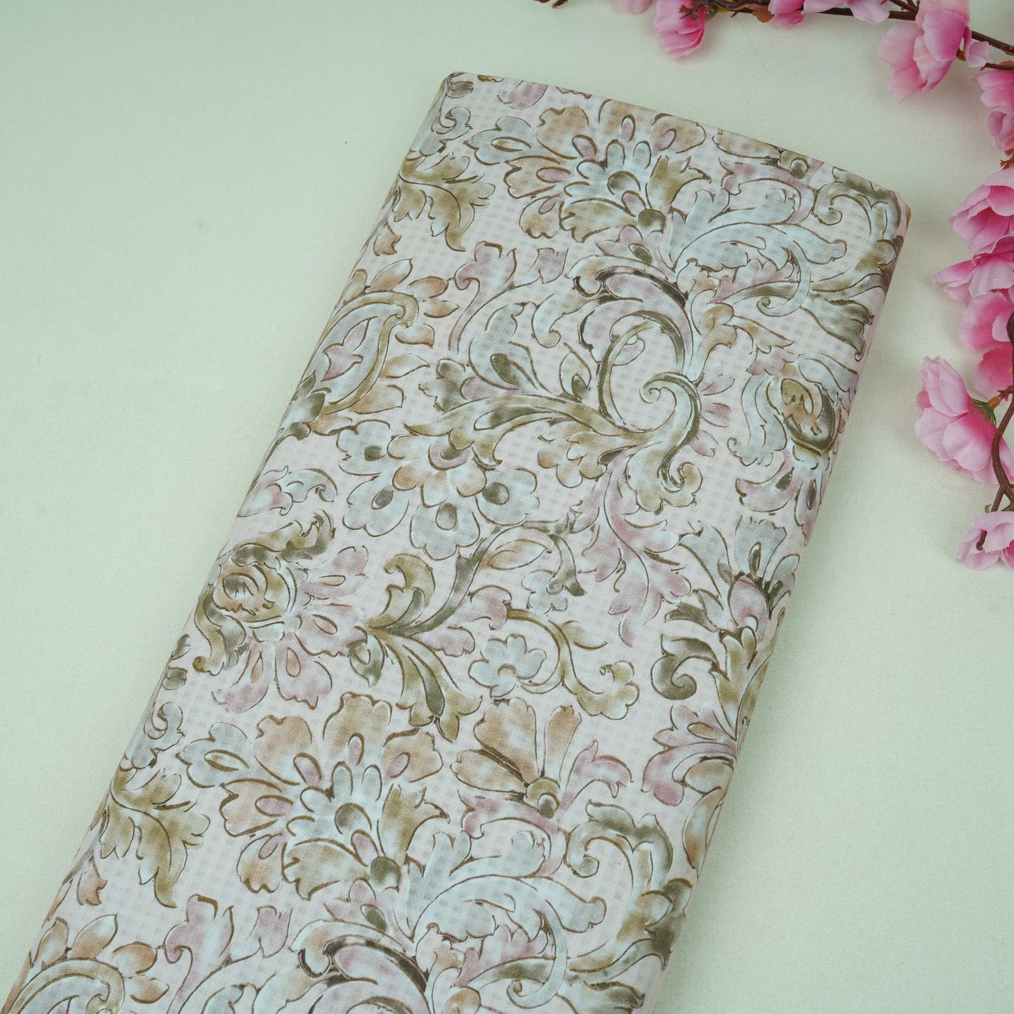 Light Peach floral print Cotton Check Fabric PI-31907