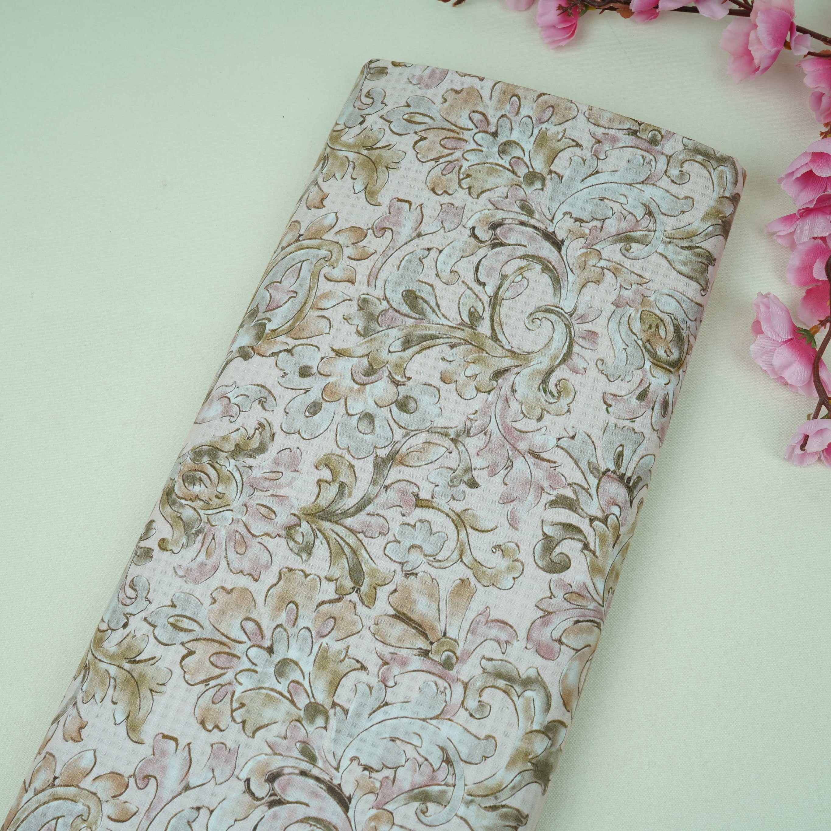 Light Peach floral print Cotton Check Fabric PI-31907 - TradeUNO