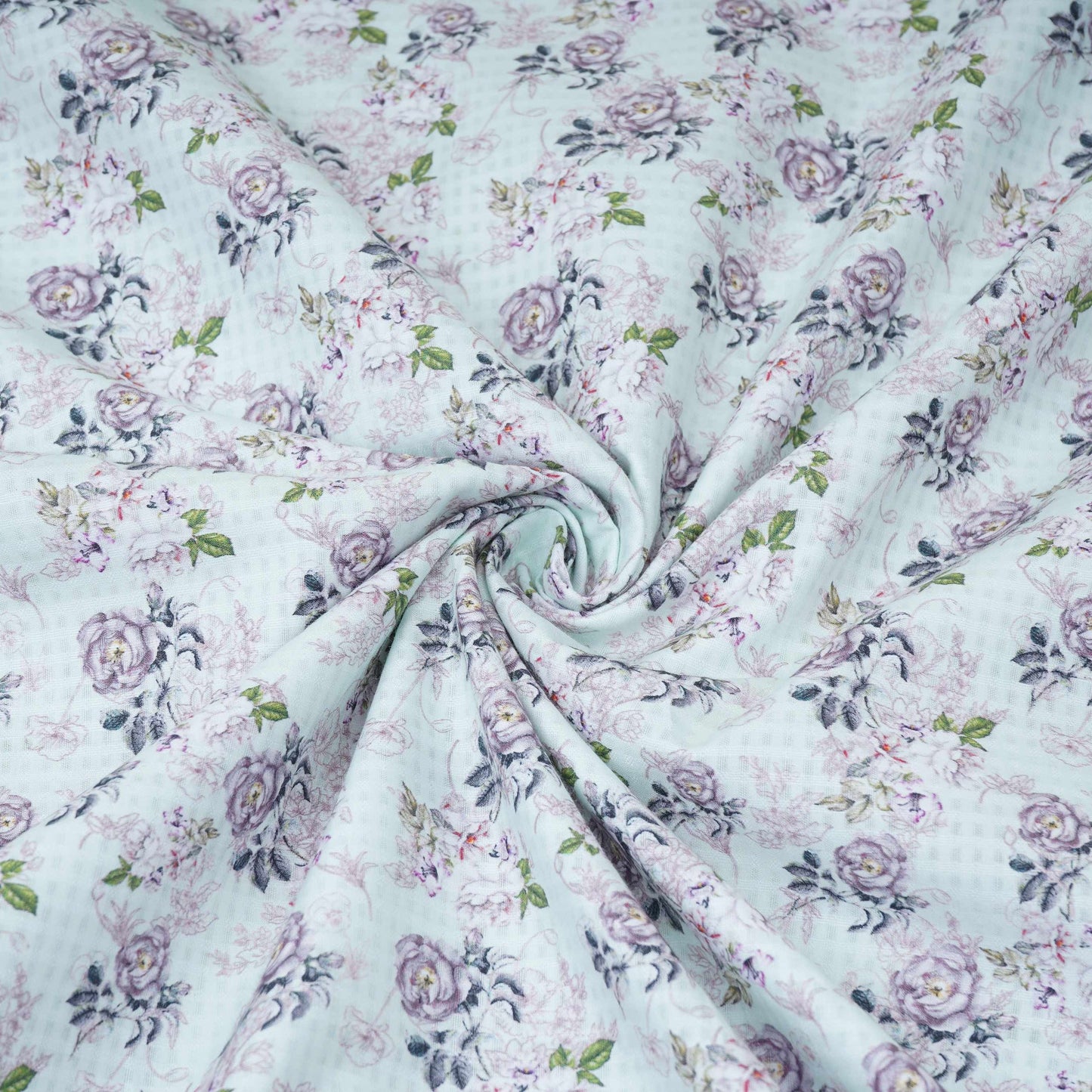 Mint Green floral print Cotton Check Fabric PI-31903