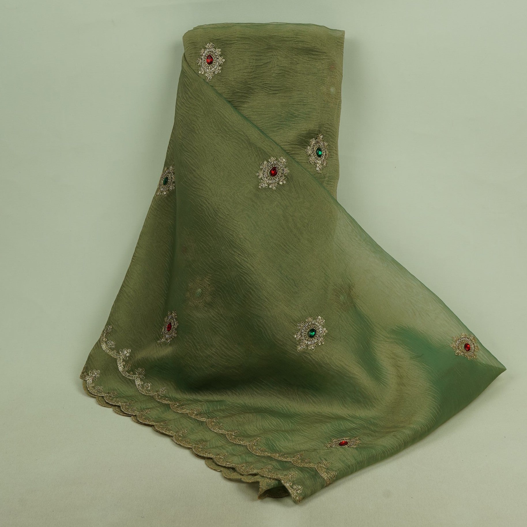 Green Stone Golden Zari Buti Crushed Tissue Fabric GT-33042
