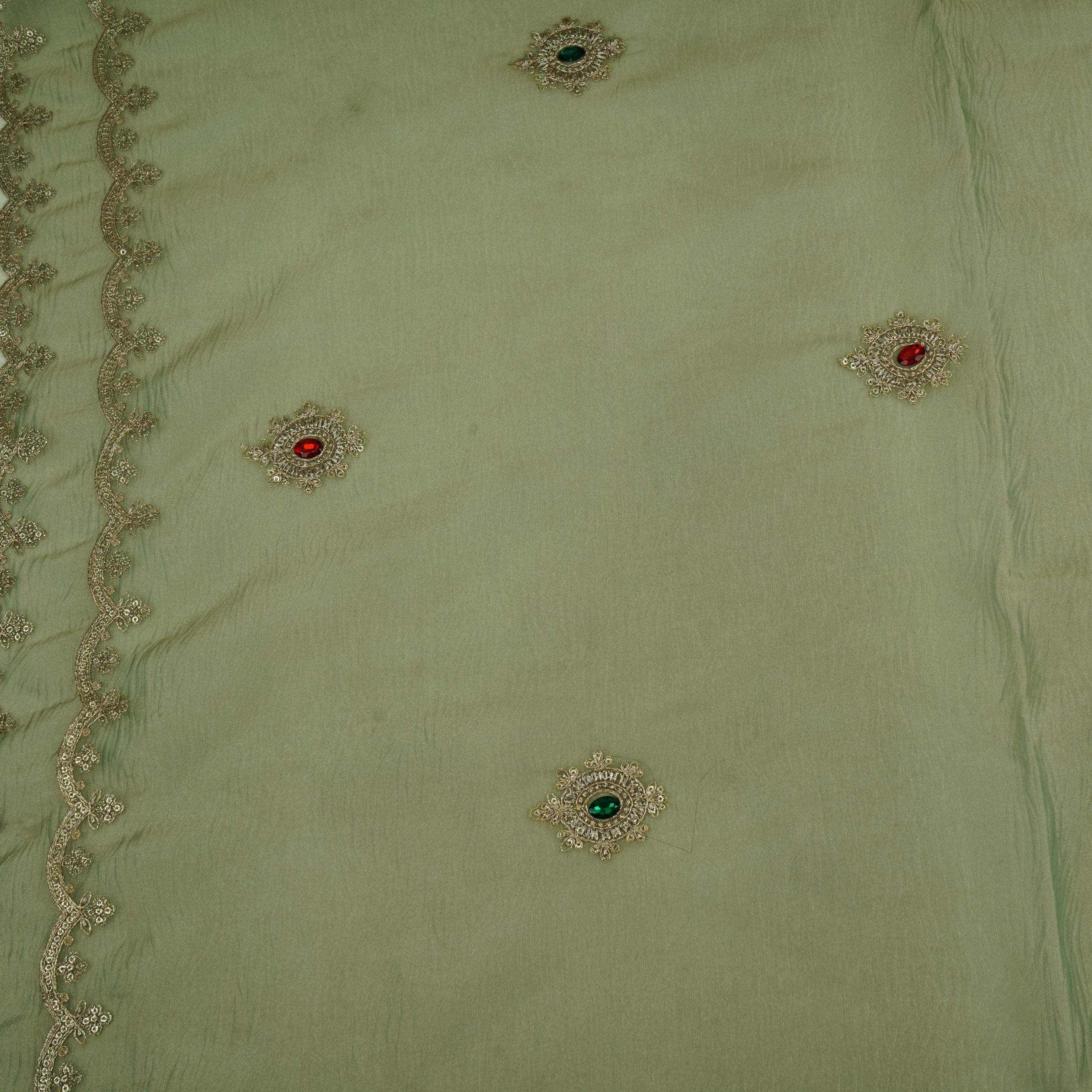 Green Stone Golden Zari Buti Crushed Tissue Fabric GT-33042