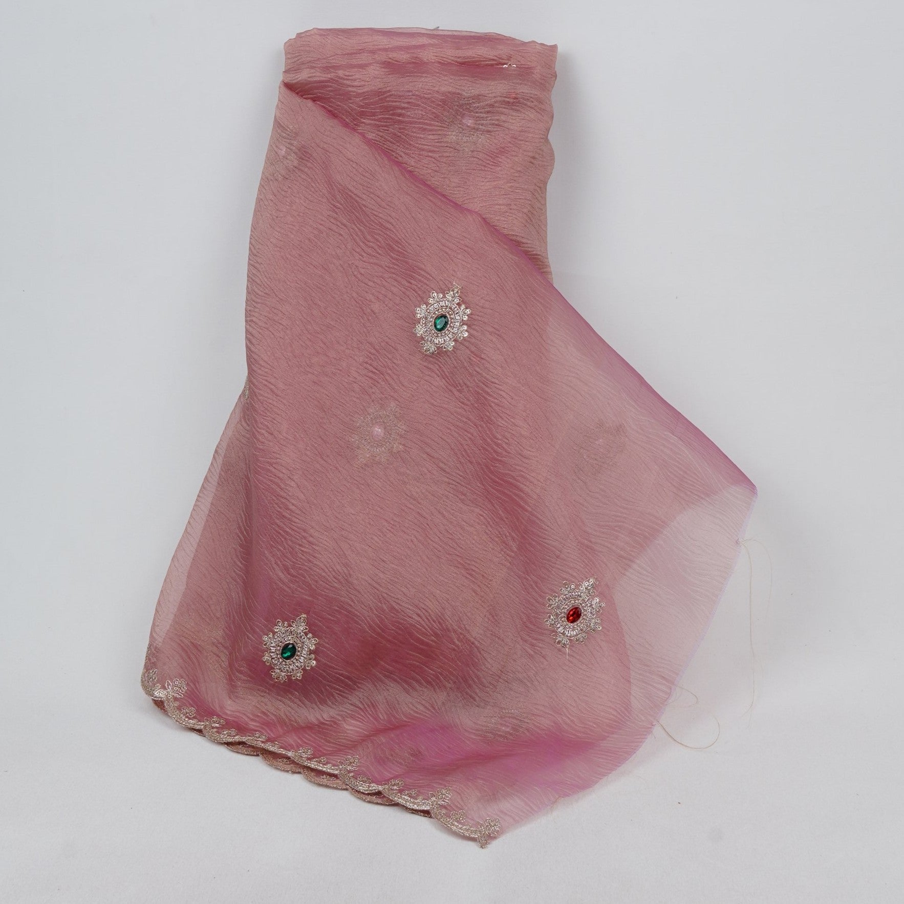 Pink Stone Golden Zari Buti Crushed Tissue Fabric GT-33044