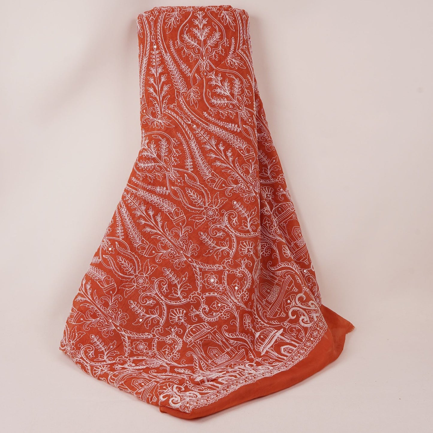 Rust Orange Traditional Dori Work Organza Fabric VFS-31519