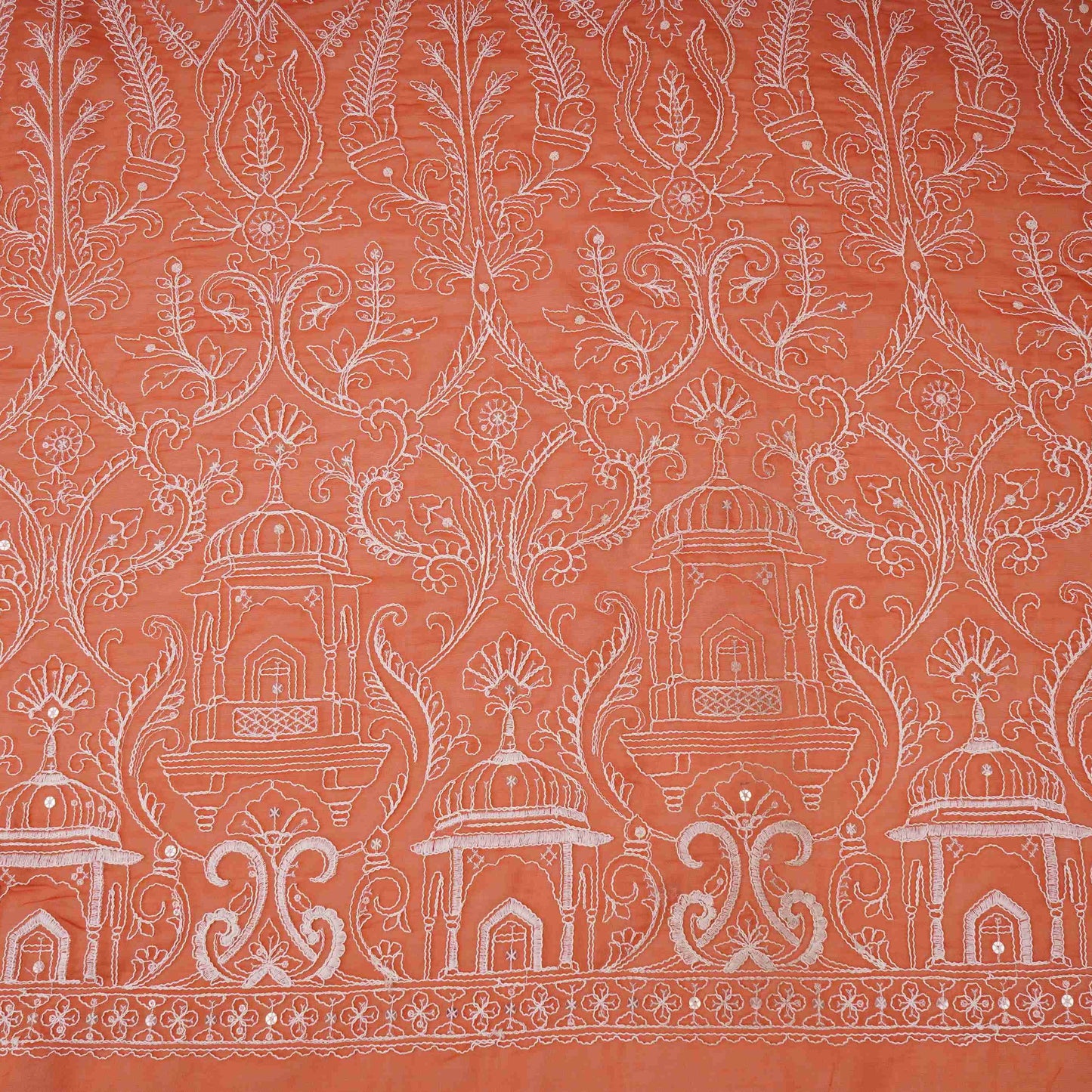 Rust Orange Traditional Dori Work Organza Fabric VFS-31519