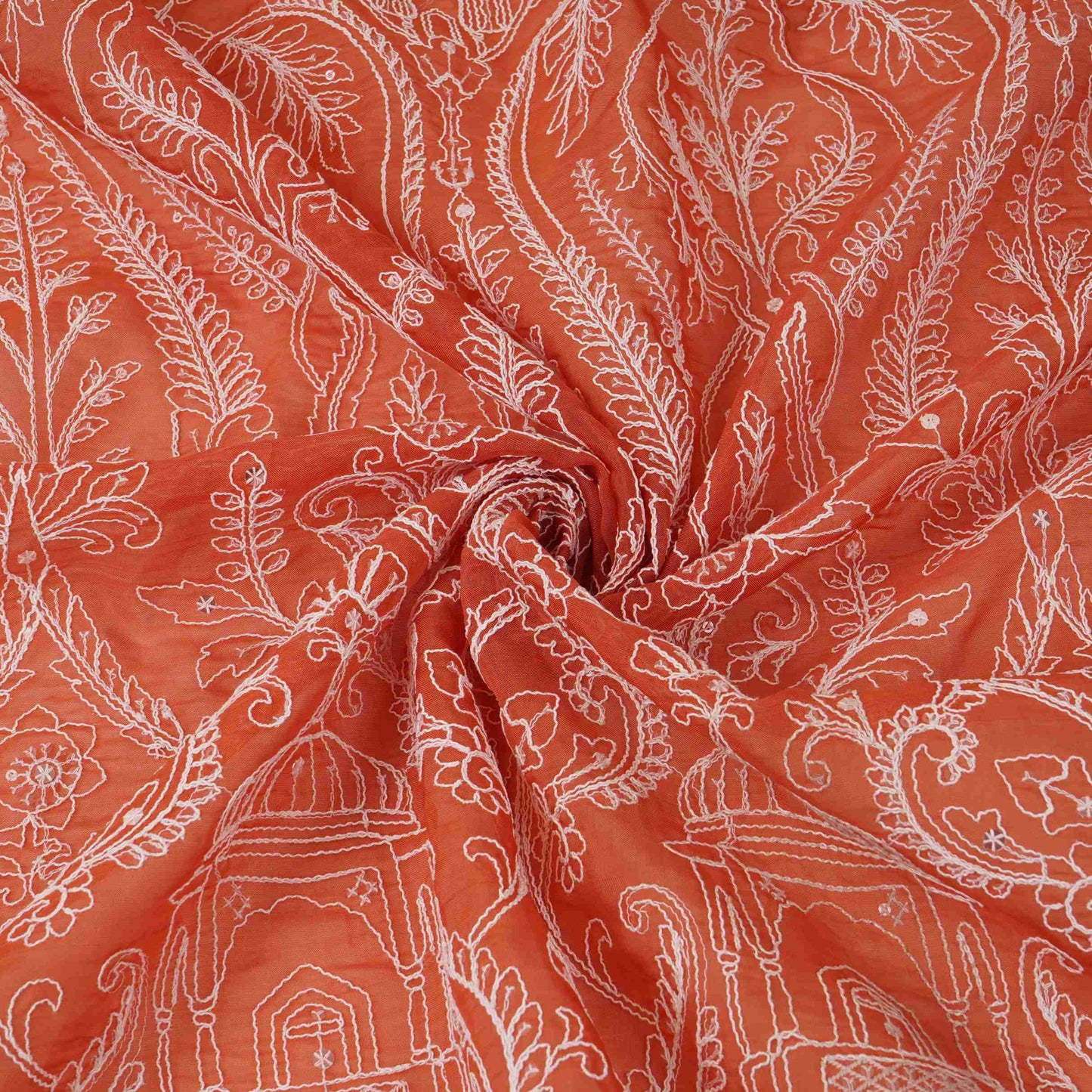 Rust Orange Traditional Dori Work Organza Fabric VFS-31519