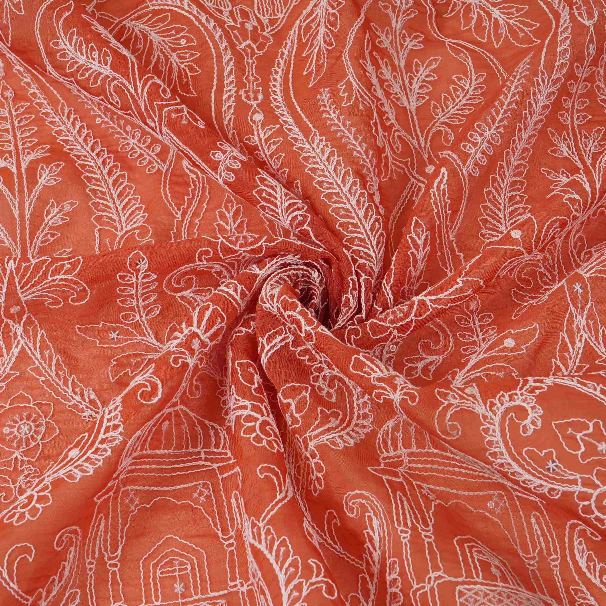 Rust Orange Traditional Dori Work Organza Fabric VFS-31519 - TradeUNO