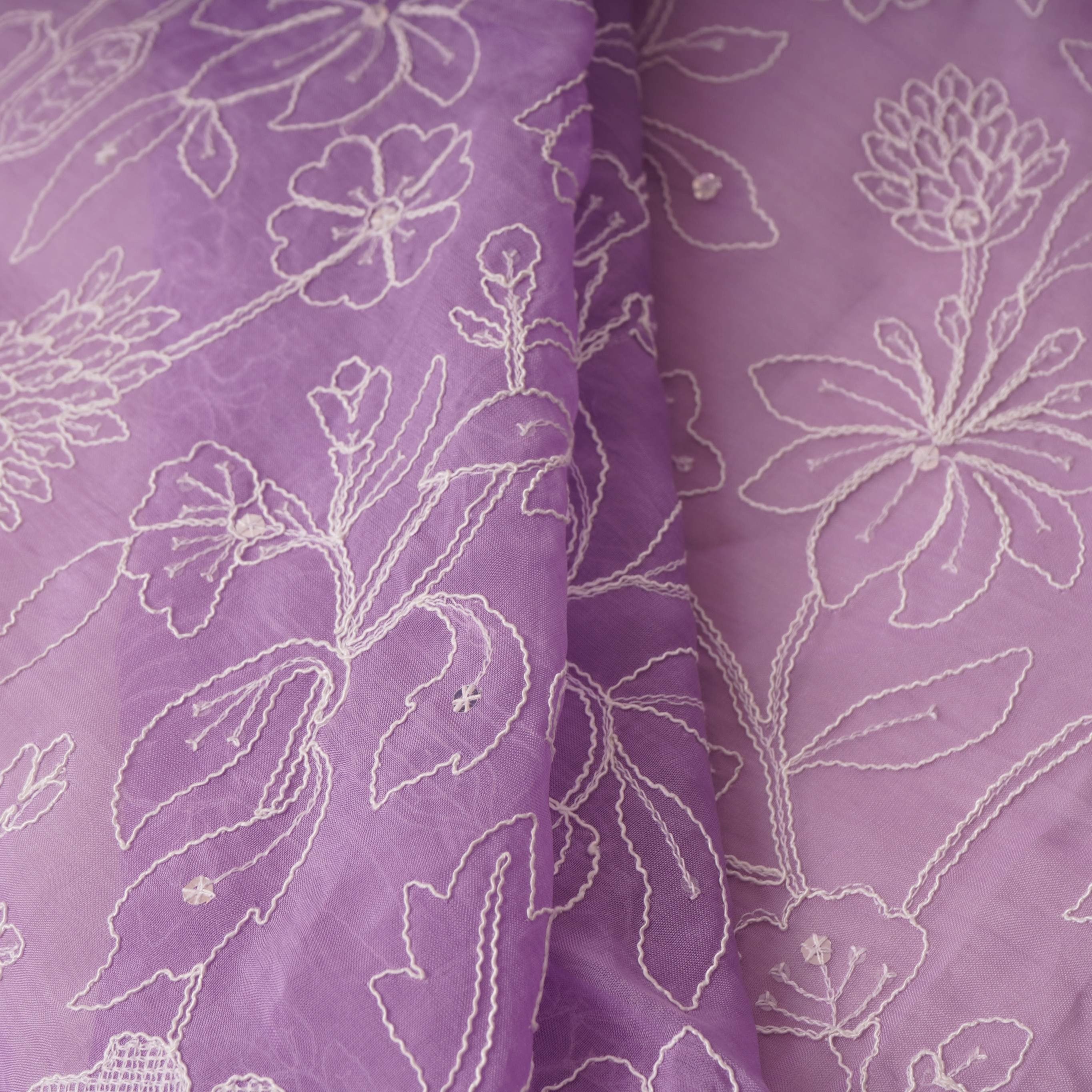 Lavender Chikankari embroidery Organza Fabric VFS-31706 - TradeUNO