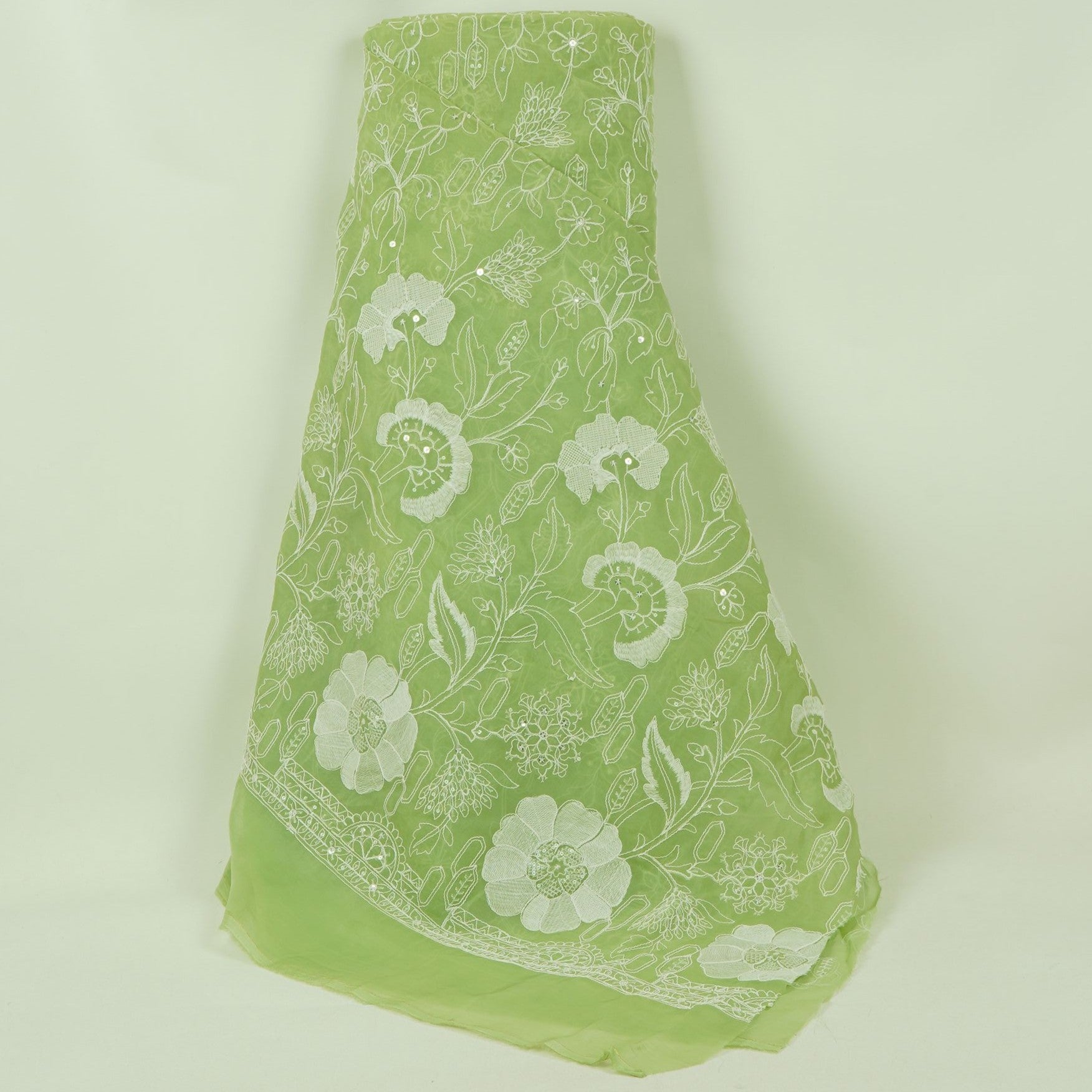 Parrot Green Chikankari embroidery Organza Fabric VFS-31704 - TradeUNO