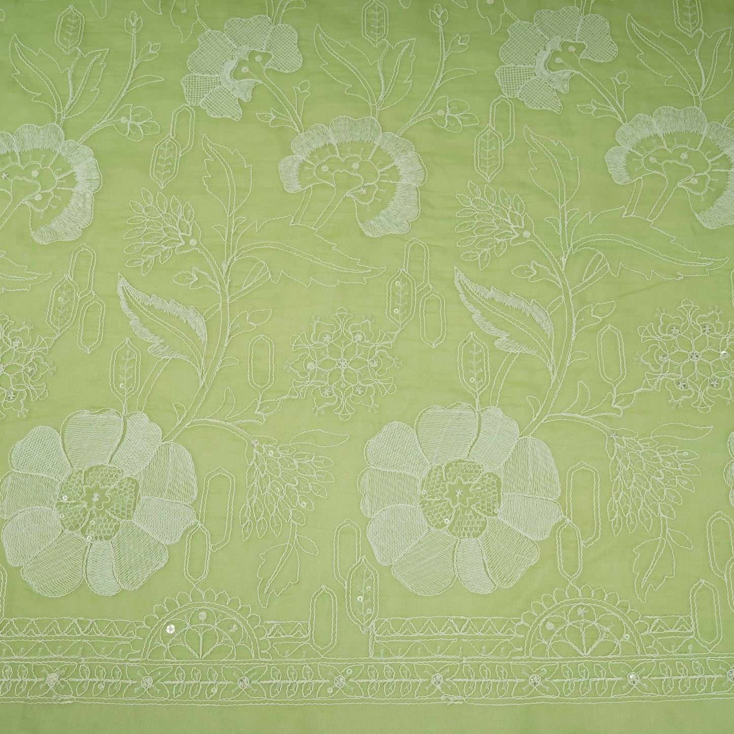 Parrot Green Chikankari embroidery Organza Fabric VFS-31704