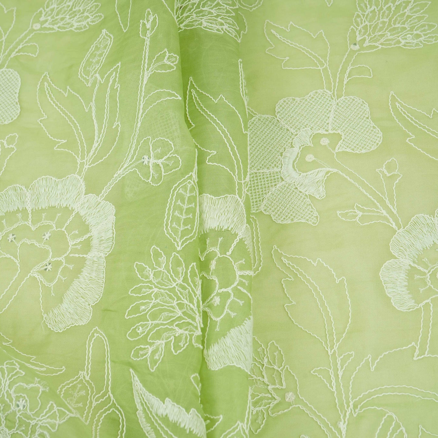 Parrot Green Chikankari embroidery Organza Fabric VFS-31704