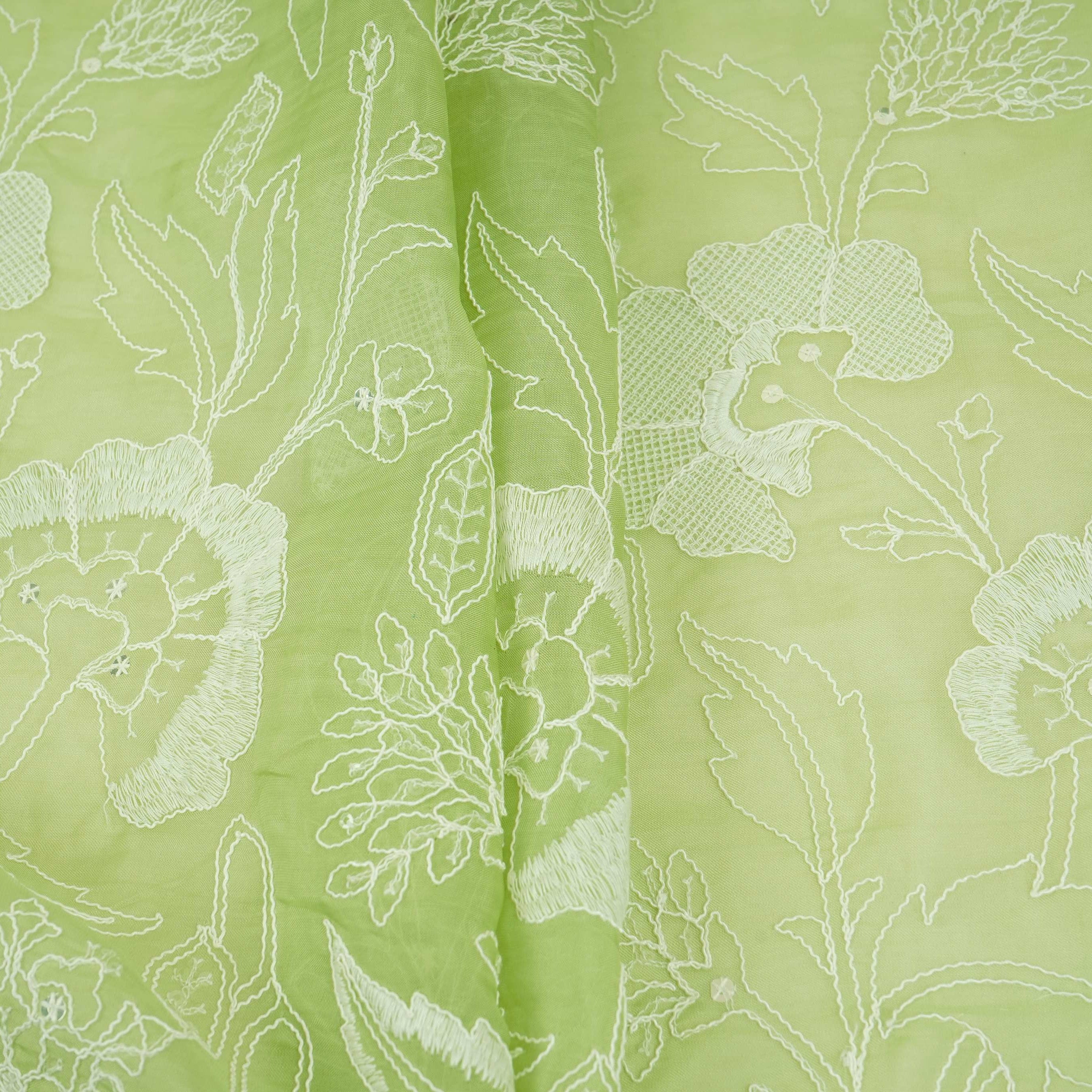 Parrot Green Chikankari embroidery Organza Fabric VFS-31704 - TradeUNO