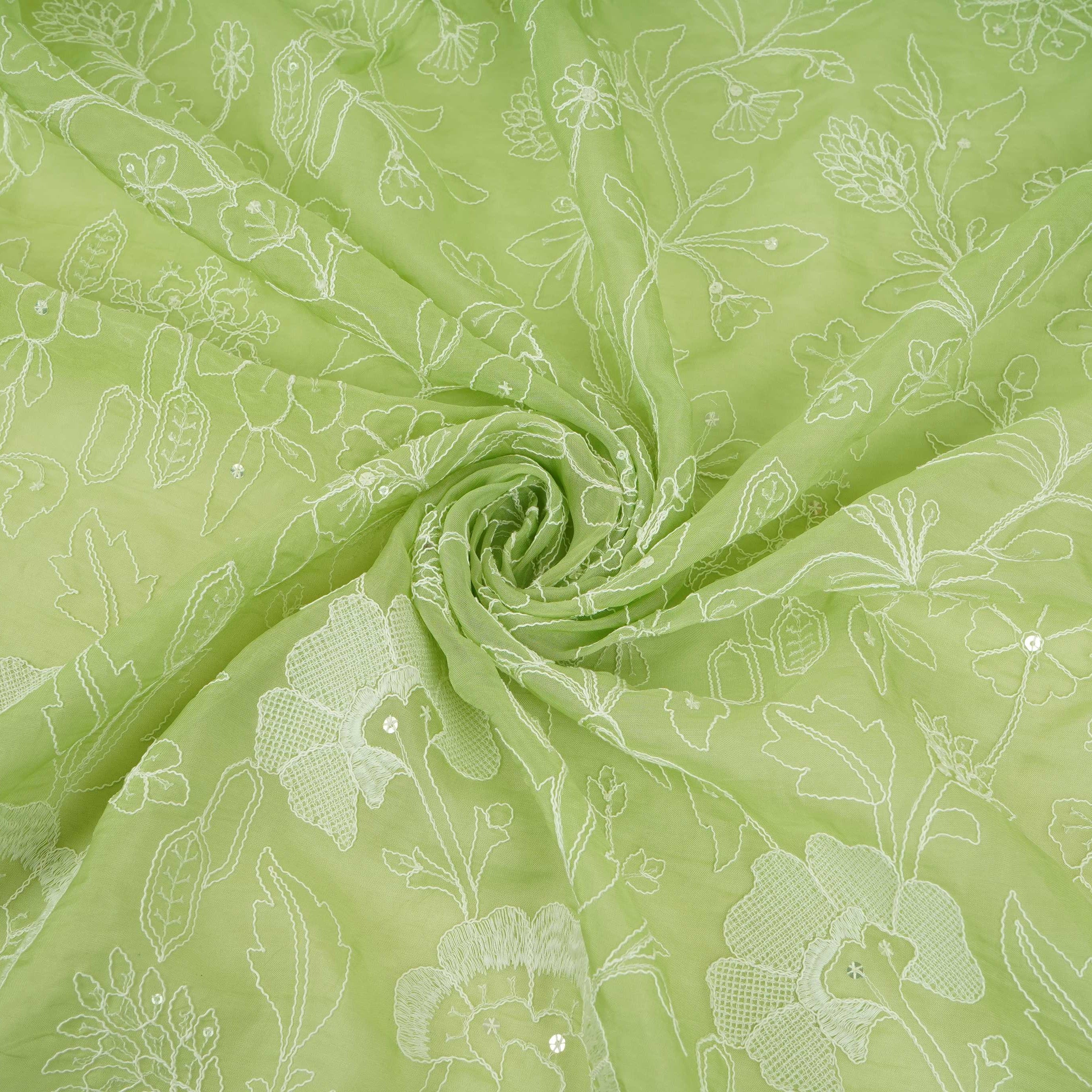 Parrot Green Chikankari embroidery Organza Fabric VFS-31704 - TradeUNO